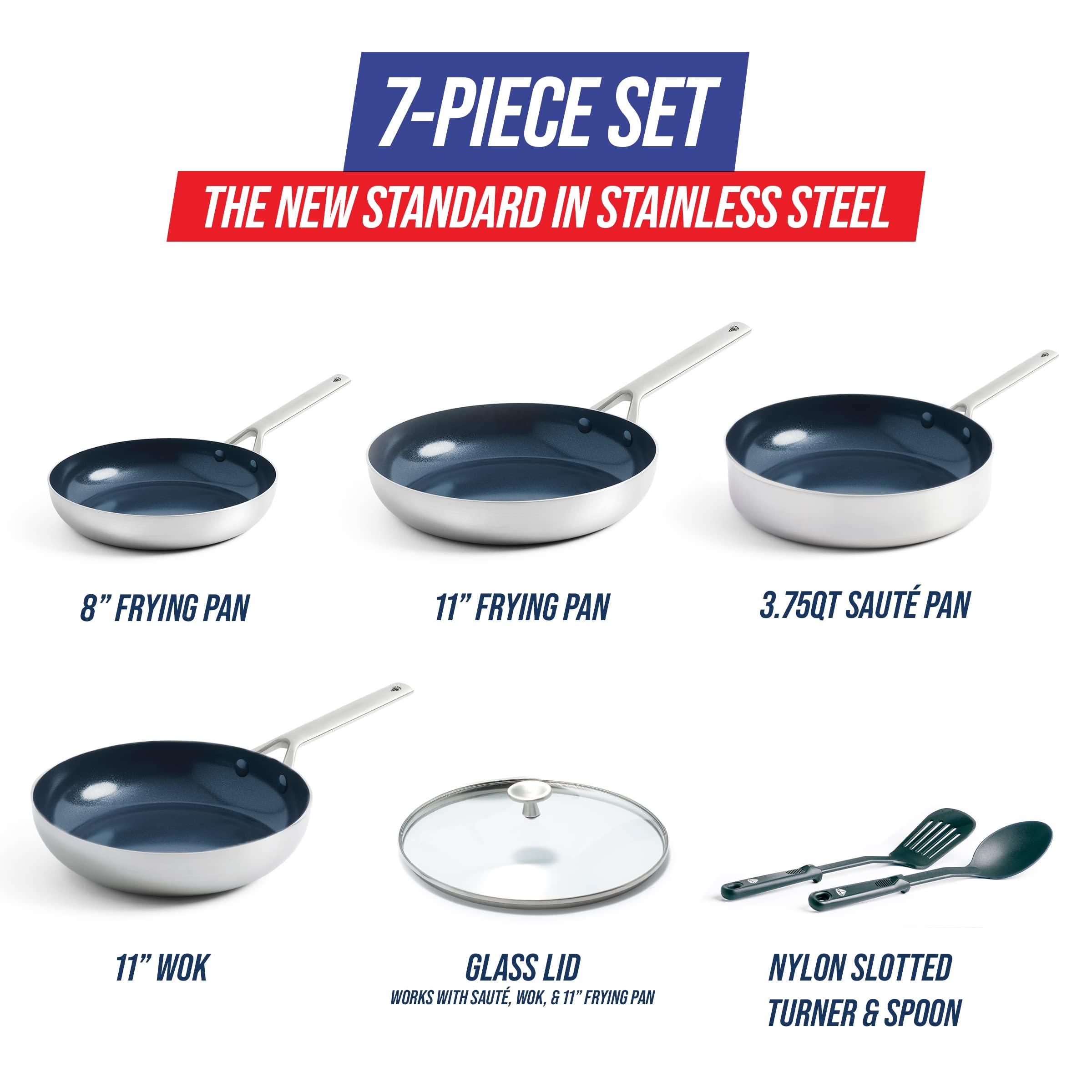 Blue Diamond Blue Diamond Cookware Tri-Ply Stainless Steel Ceramic Nonstick, 7 Piece Cookware Pots and Pans Set, PFAS-Free, Multi Clad, Induction, Dishwasher Safe, Oven Safe, Silver