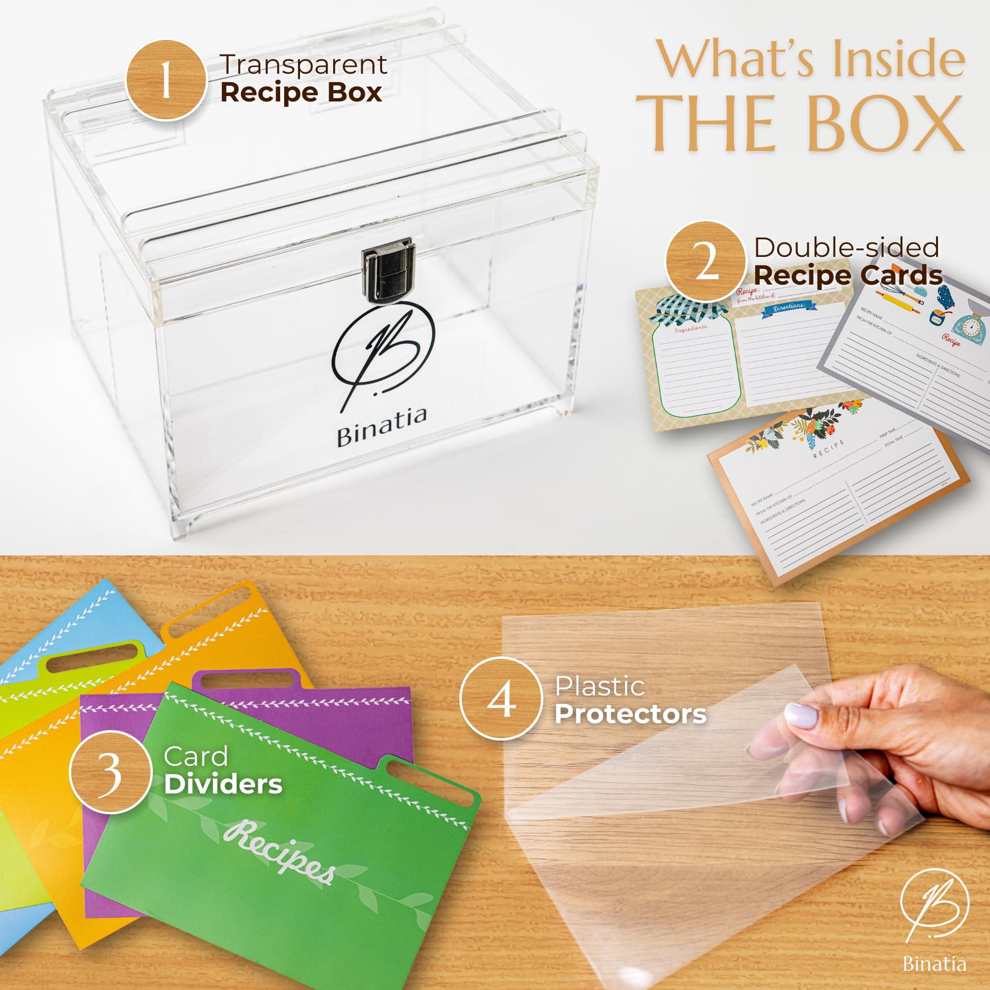Binatia Recipe Box 50 Double-Sided Cards 4x6 Recipe cardsClear Acrylic Organizer with, Index Card Holder, Dividers, Bonus Recipe Book for Personalizing Your Own Recipes, Dimensions: 7.08\"x5.51\"x5.31\"