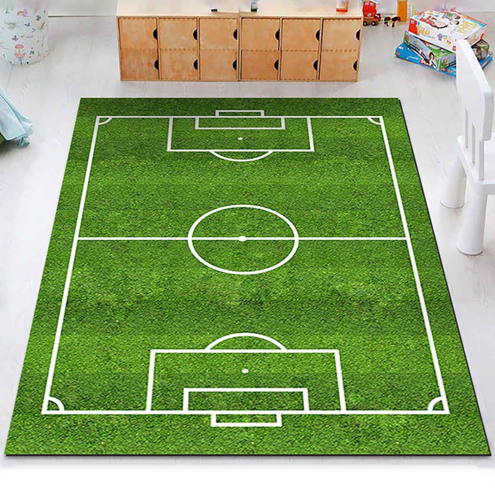 ZeawIEsvbyt Soccer Area Rug, Football Field Carpet Non-Slip Floor Mat Football Stadium Green Grass Painted Line Playmat Runner Rug for Living Room Bedroom (1PC Rug)