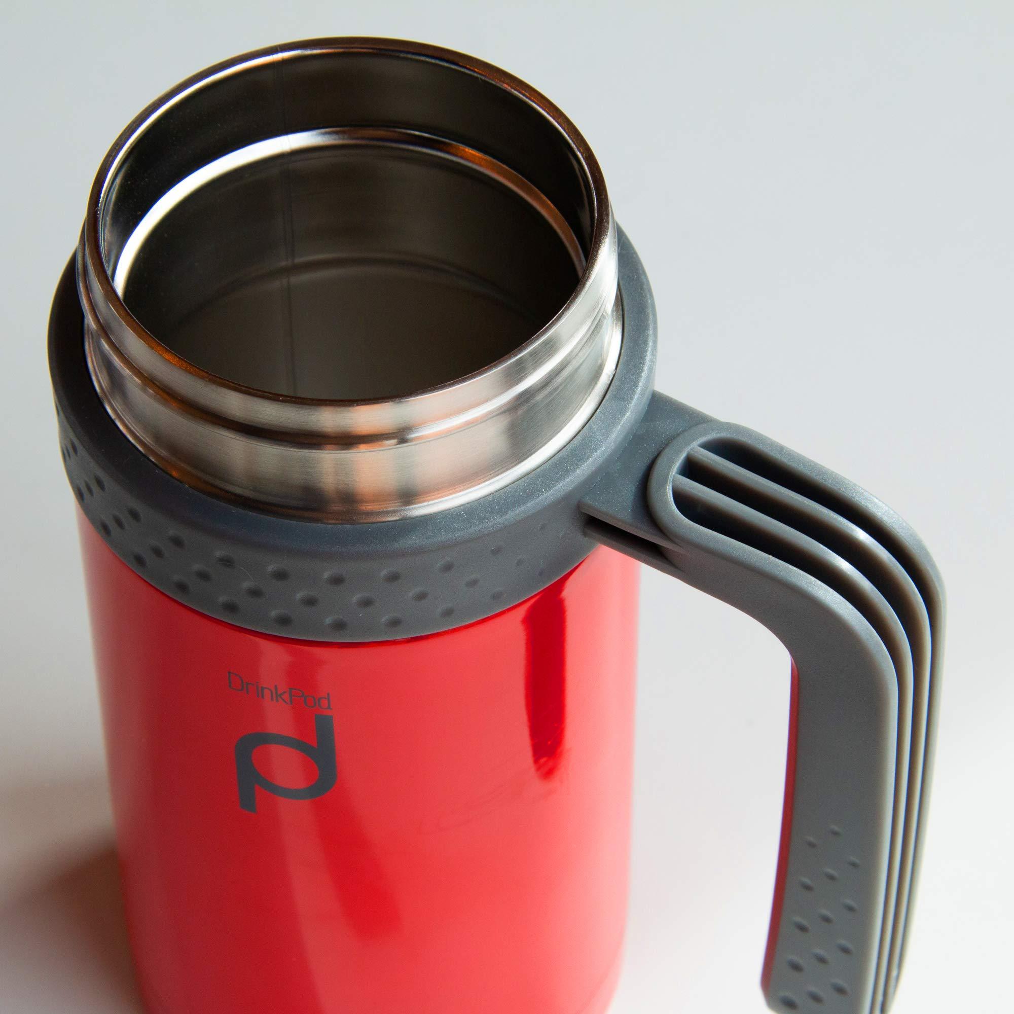 DRINKPOD DrinkPod Pioneer Stainless Steel Vacuum Insulated Leak-Proof Capsule Flask 6 Hours Hot 24 Hours Cold, Red, 0.45 Litre
