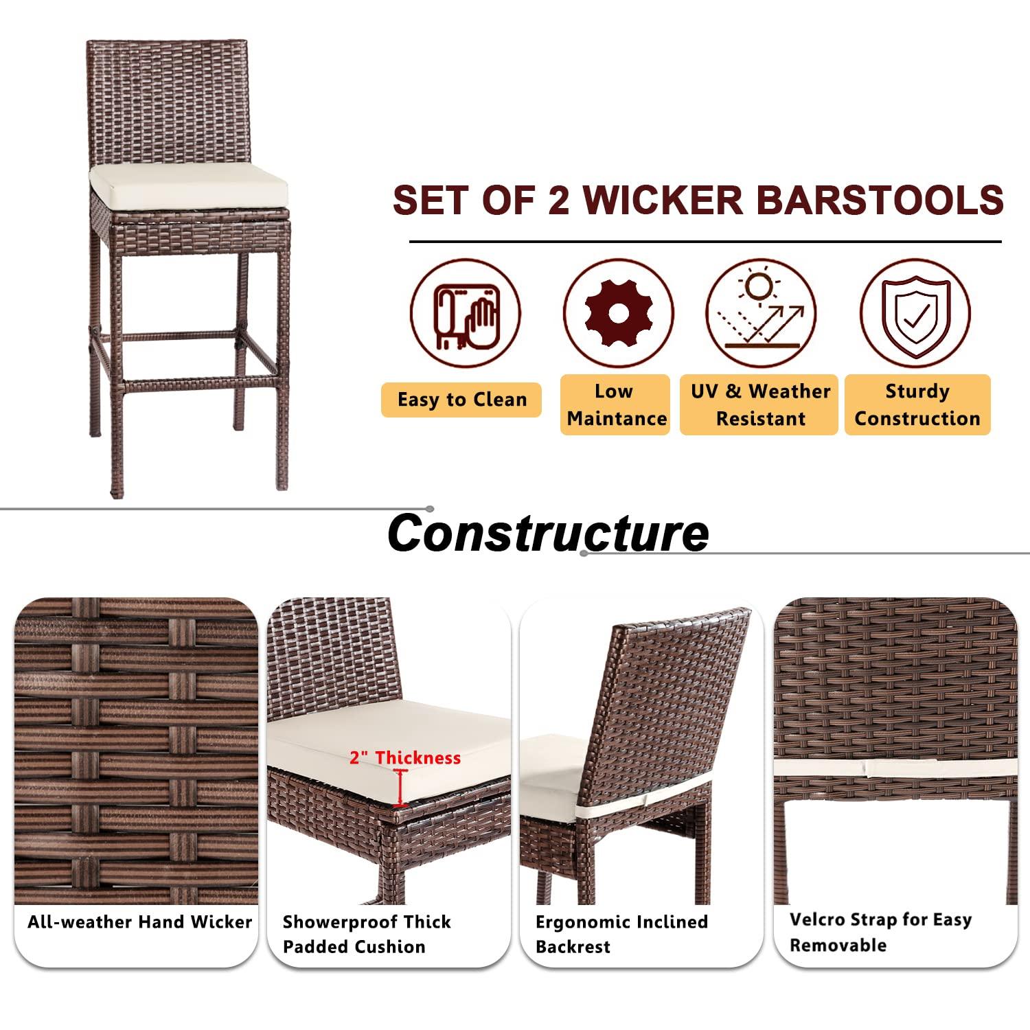 Generic Barstool Twin Set,Patio Wicker barstools Set, Outdoor bar stools Set of 2, 30\'\' Counter for Indoor Garden backyards Swimming Pool Loads Up to 330 lbs, Beige