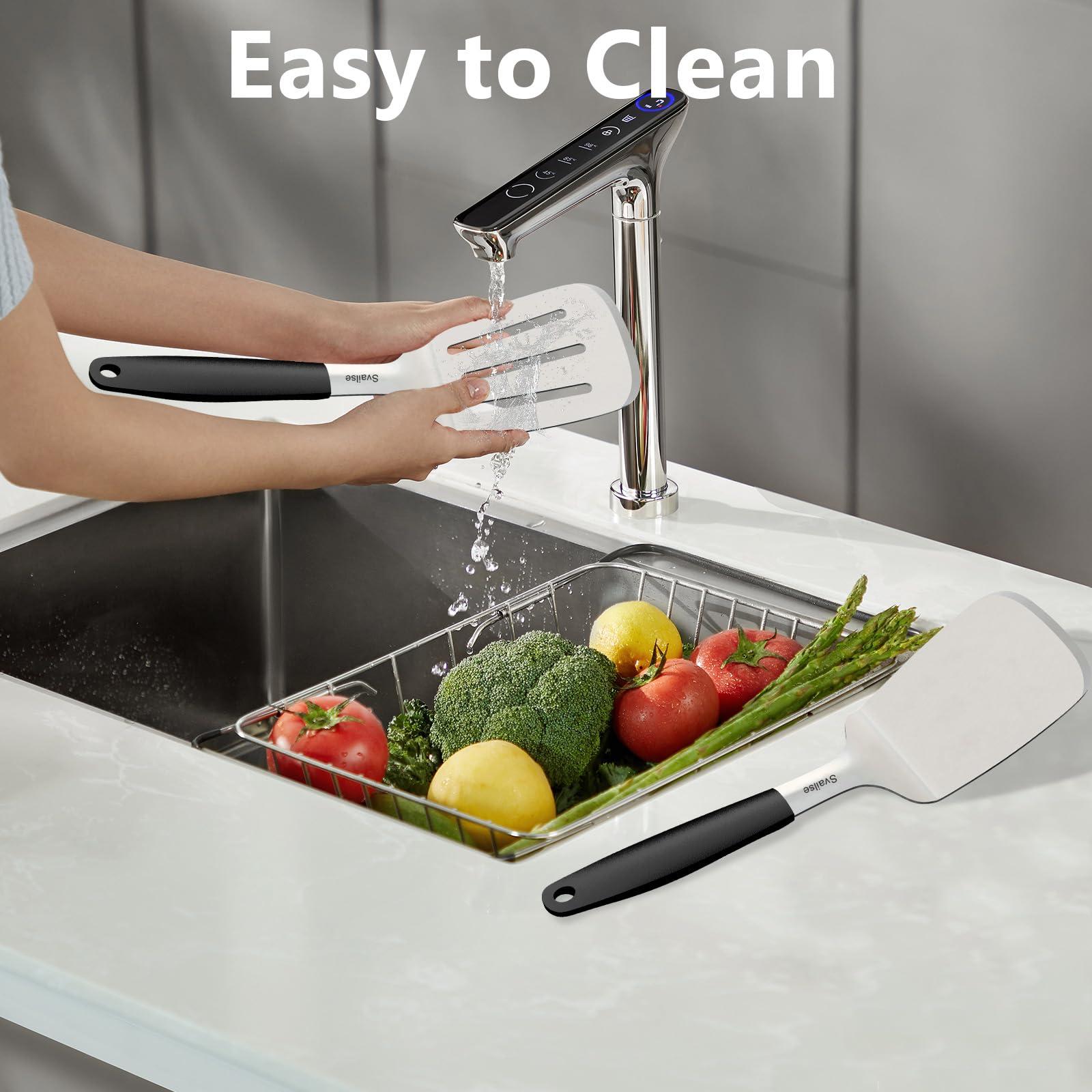 Svailse Svailse Stainless Steel Spatula, 13.4 Inch Metal Spatula for Kitchen Use, Heavy Duty Turner with Silicone Handle, Set of 2 Solid & Slotted Metal Turner for Cast Iron Skillet, Grilling and Cooking