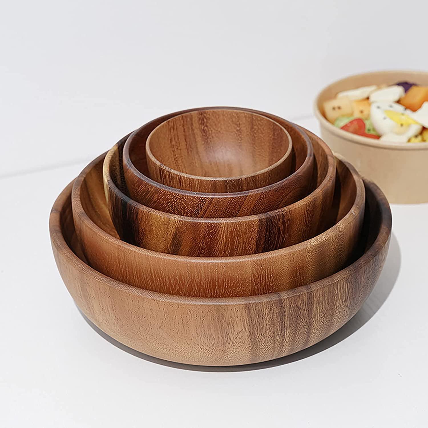 Junorstar Bowl Household Rice Bowl Ramen Bowl Tableware Wood Bowl with Servers Set, Wooden Salad Bowl Set of 5, Individual Bowls for Food And Snacks, Salads, Pasta, Acacia Hardwood Dinnerware Set,Brown
