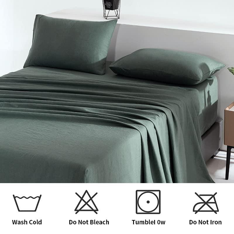 TUMEI TUMEI Bed Linen Set - 4Pcs Linen Sheets Set King, Green, Soft Breathable and Durable, Deep Pocket Fitted Sheet & Flat Sheet & 2 Pillowcases