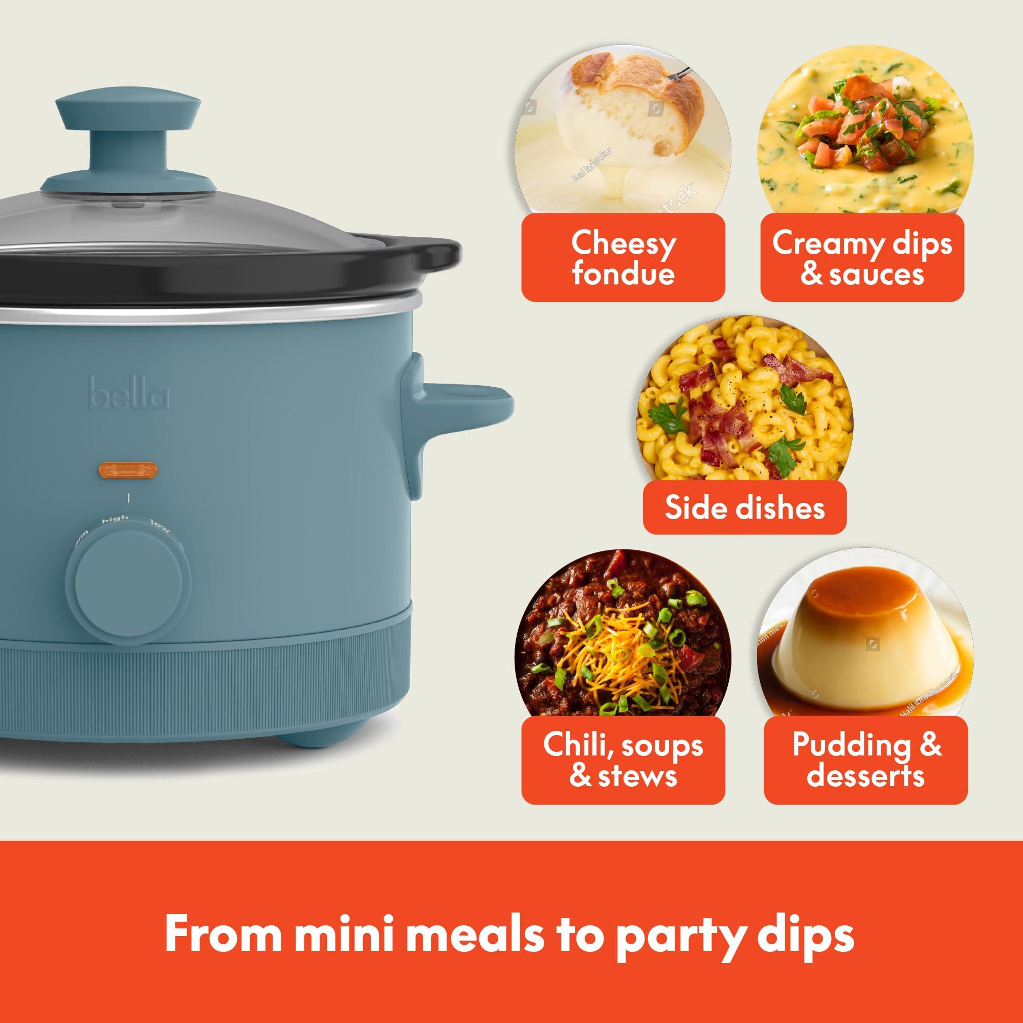 BELLA bella 1.5 Qt Slow Cooker with 3 Heat Manual Control, EverGood Ceramic Nonstick Coating, Dishwasher Safe Stoneware Pot and Tempered Glass Lid, Tangle Free Cord Wrap & Cool Touch Handles, Surf