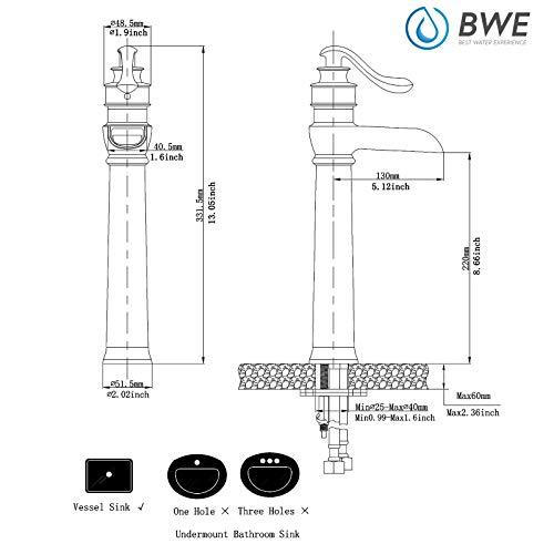 BWE Vessel Sink Faucet with Supply Line Brushed Nickel Deck Mount One Hole Single Handle Waterfall Bathroom Faucets Lavatory Mixer Tap Tall Body