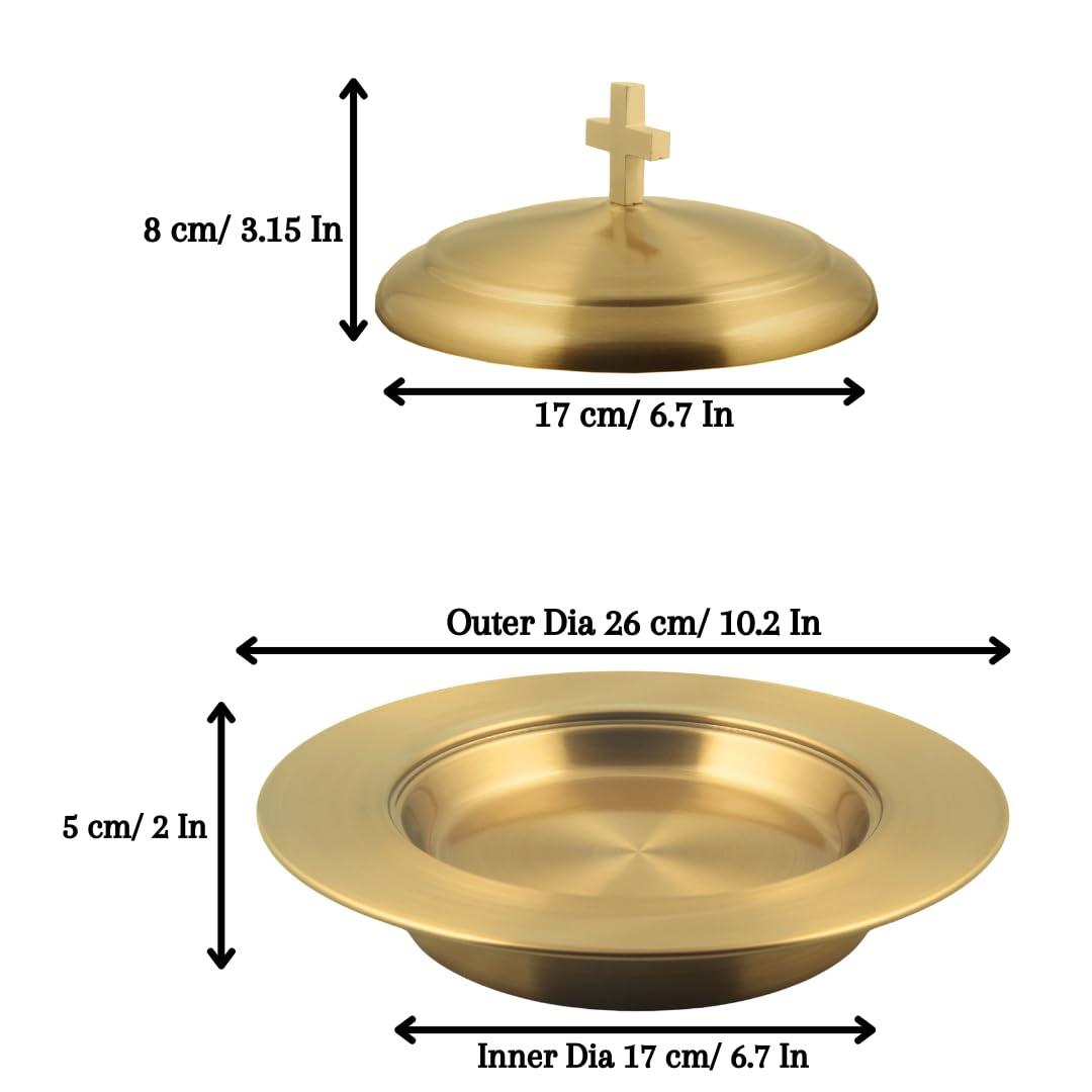 Mayur Exports Communion Ware Holy Wine Serving Tray with A Lid & A Stacking Bread Plate with A Lid - Stainless Steel (Brass/Gold)