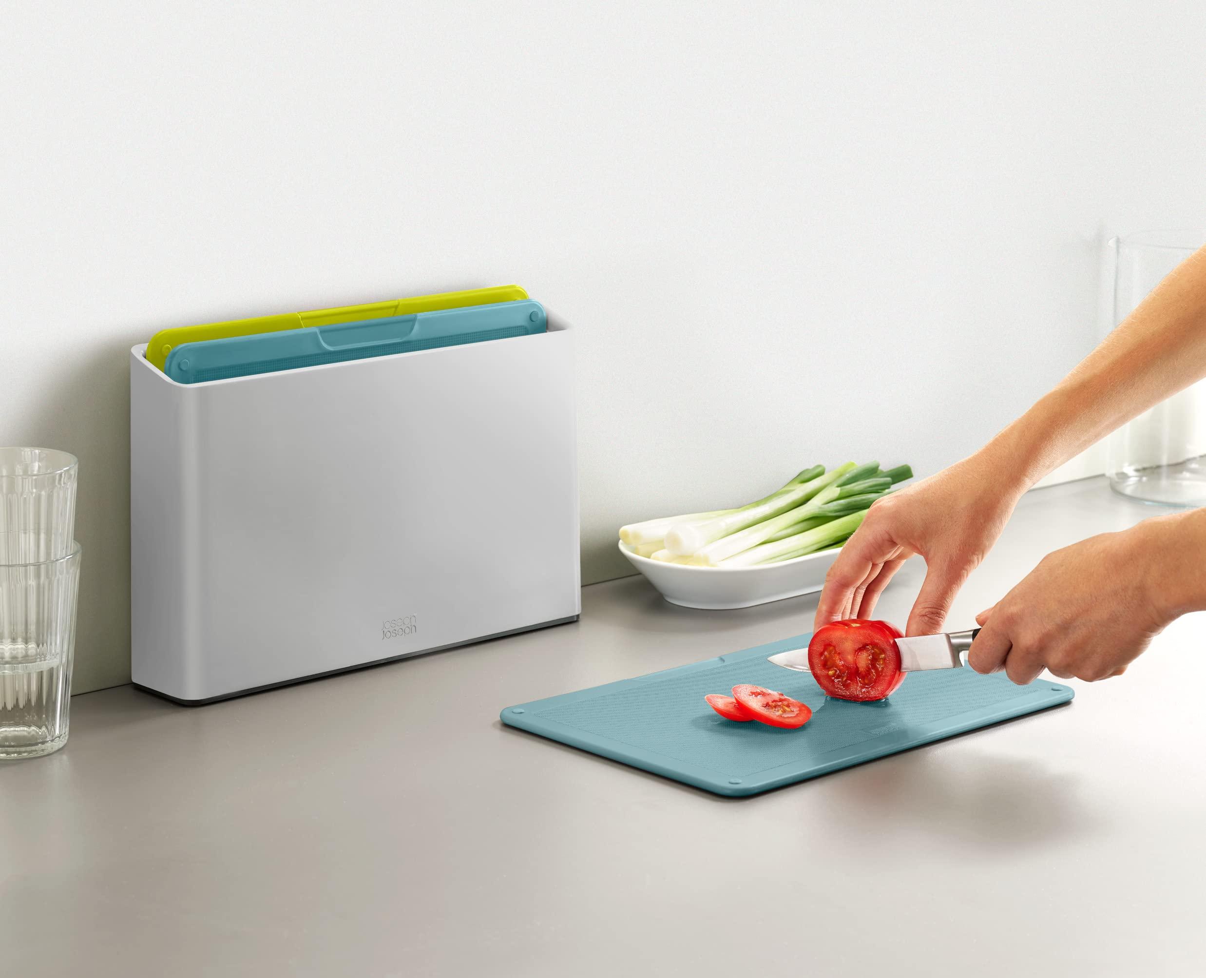 Joseph Joseph Joseph Joseph Duo 3-Piece Colour Coded Chopping Board Set with Slimline case for organised Storage, Opal