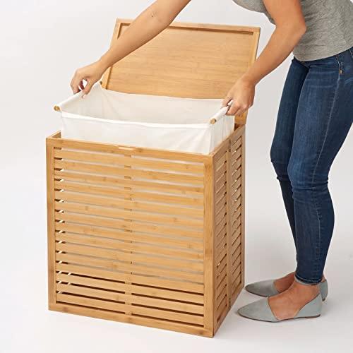 mDesign mDesign Bamboo Wood Foldable Laundry Basket Storage Organizer w/Removable Fabric Liner, Lid, Collapsible Laundry Hamper for Laundry Room, Bathroom, Bedroom, Holds Clothes - Echo Collection - Natural