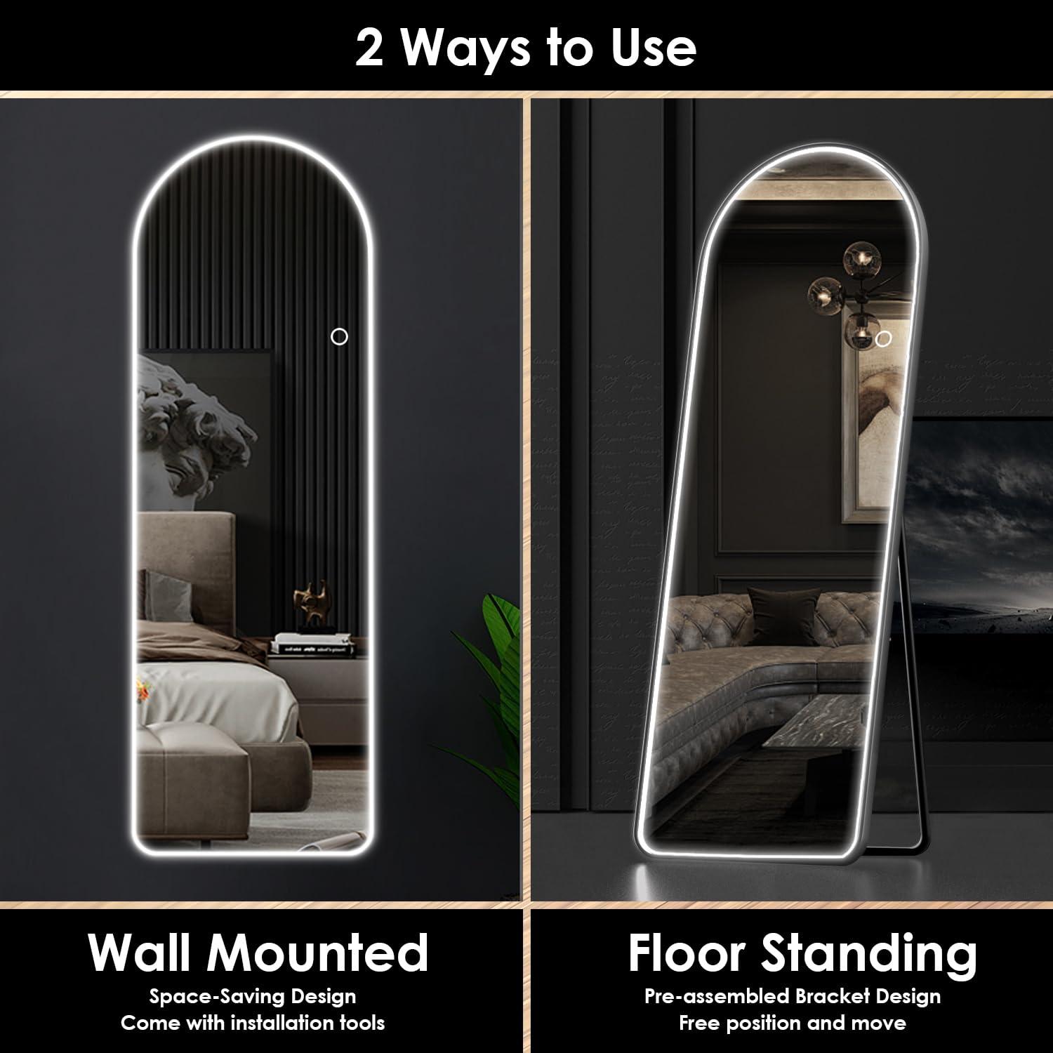 Maistech Maistech LED Full Length Mirror with lights Arch Design, 71"x28" LED Full Body Mirror with Stands, Full Length Mirror Wall Mounted for Bedroom, HD Material, Dimming & 3 Color Lighting (Brushed Silver)