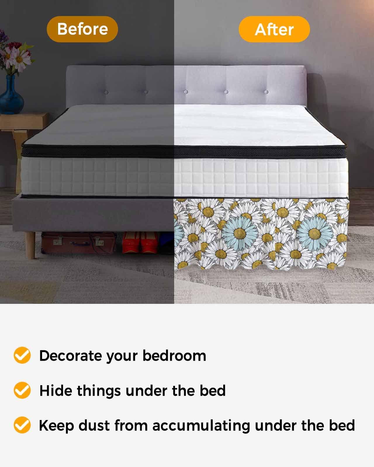 RisQiten Spring Floral Bed Skirt Queen Size 18 Inch Drop, Adjustable Elastic Bedskirt Dust Ruffle for Queen Bed, Teal White Daisy Summer Botanical Flower Wrap Around Bed Skirts Pleated Bed Frame Cover