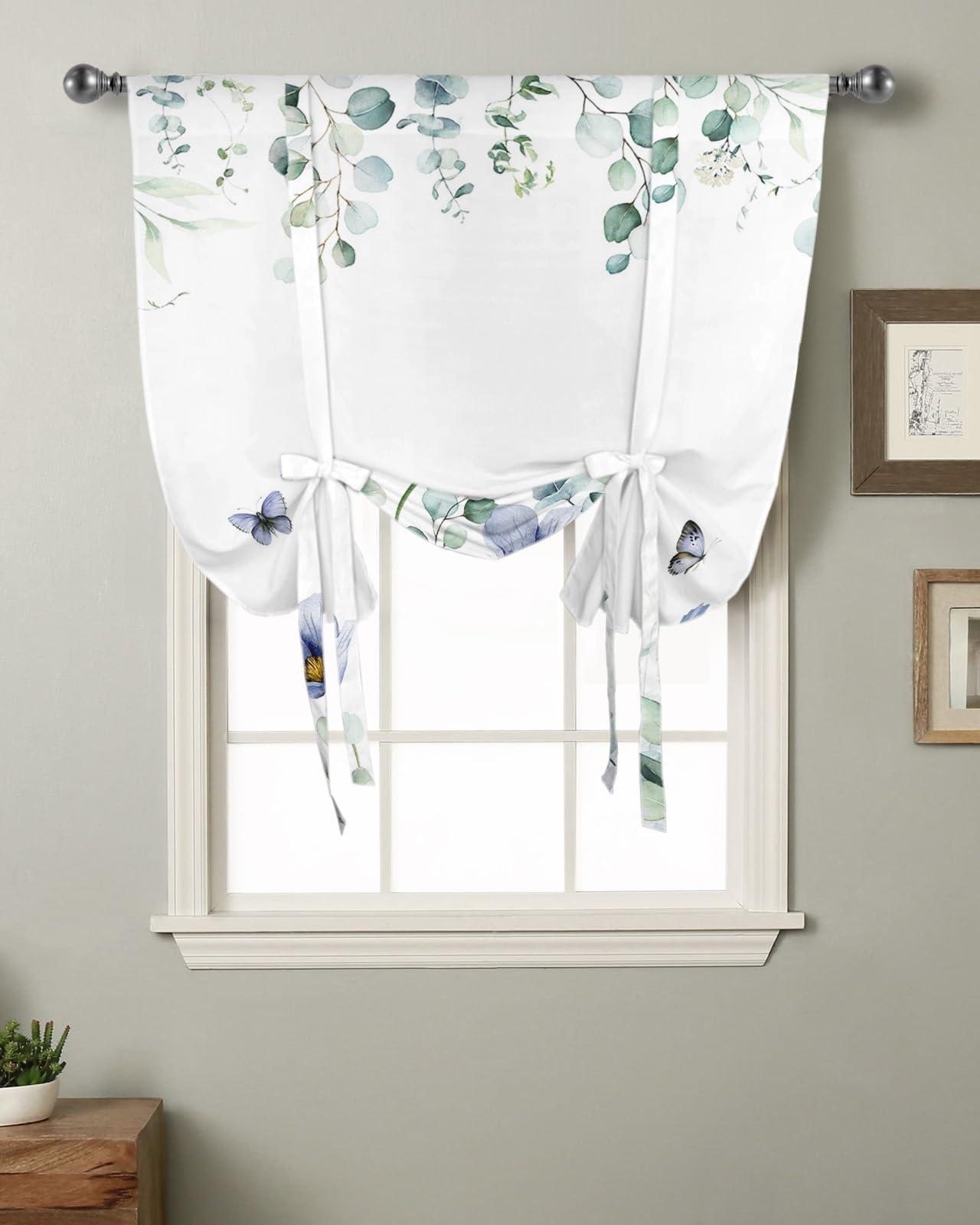 Yukro Yukro Tie Up Curtains Window Shades,Blue Tulip Flower Butterfly Eucalyptus Leaves White Background Rod Pocket Tie Up Window Shade,Adjustable Balloon Curtain Shade for Blinds Kitchen Bathroom,42"x45"