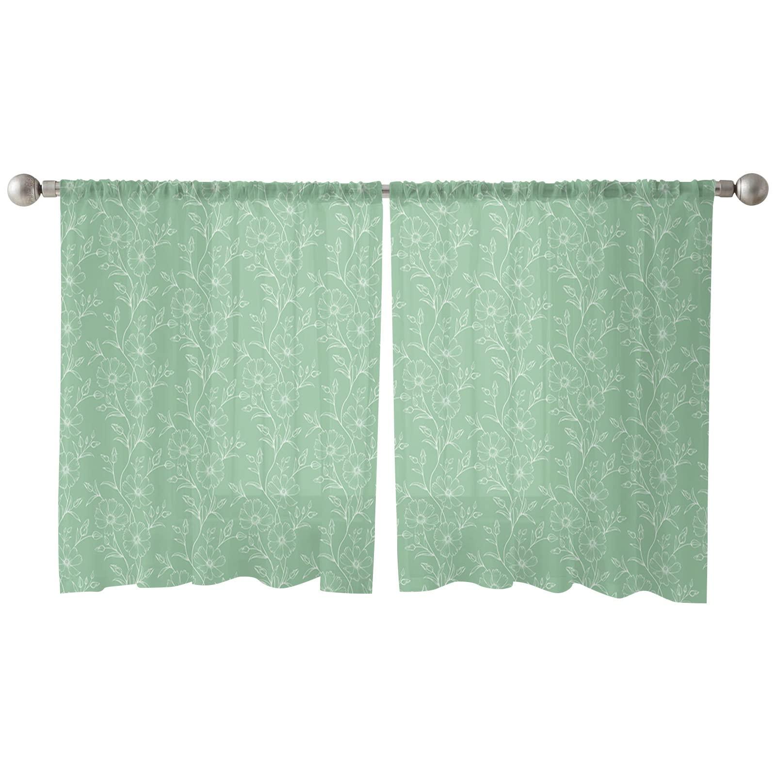 Yomandocix Yomandocix Semi Sheer Curtains 54 Inch Length, White Lines Flowers Leaves Sheer Kitchen Curtain Privacy Voile Window Curtain for Living Room Bedroom Rod Pocket Drapes Rustic Floral Green Backdrop