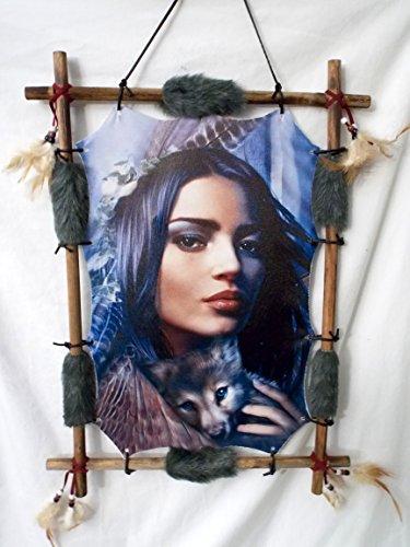 Dreamcatcher New Beautiful Indian Girl Holding a Wolf Puppy Wood Frame Dream Catcher 22\" x 16\"