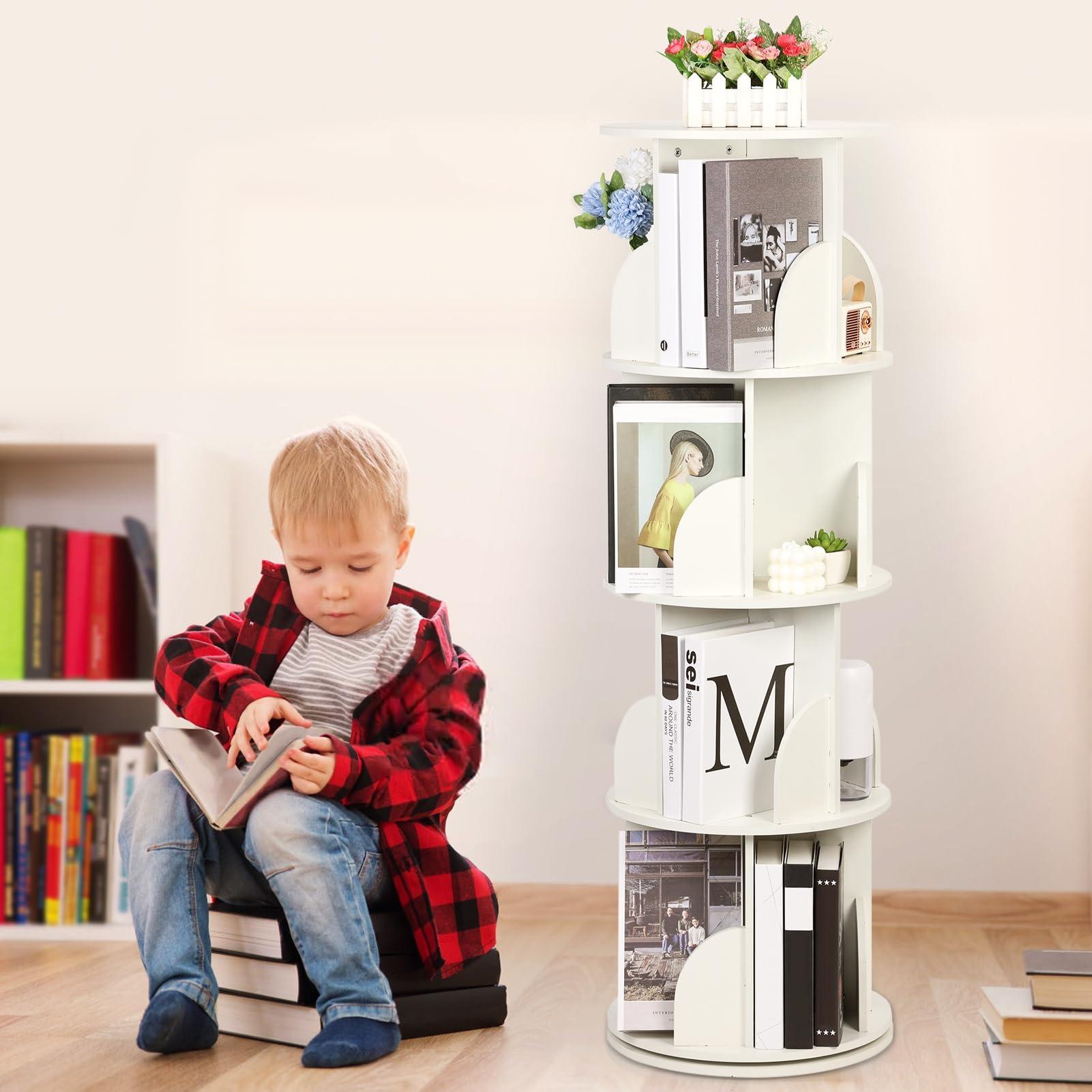 Makamsui Makamsui Rotating Bookshelf, 4 Tier Rotating Bookshelf Tower Floor Standing Bookcase, Small Corner Bookshelf Storage Rack for Small Space, Wood Narrow Book Shelf Organizer for Bedroom, Living Room Wh
