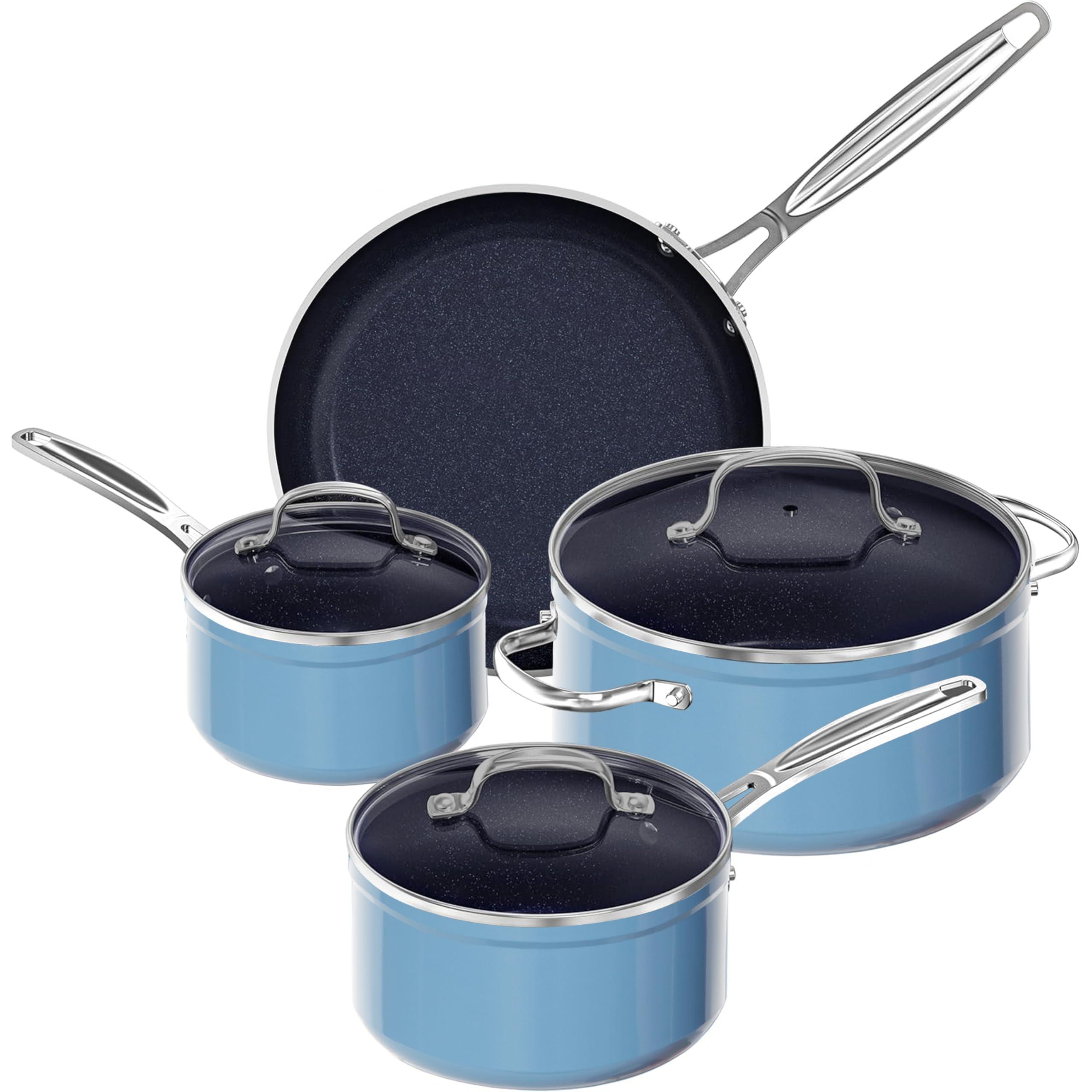 Nuwave Nuwave 7pc Cookware Set Healthy Duralon Blue Ceramic Nonstick Coated, Diamond Infused Scratch-Resistant, PFAS Free, Oven Safe, Induction Ready & Evenly Heats, Tempered Glass Lids & Stay-Cool Handle