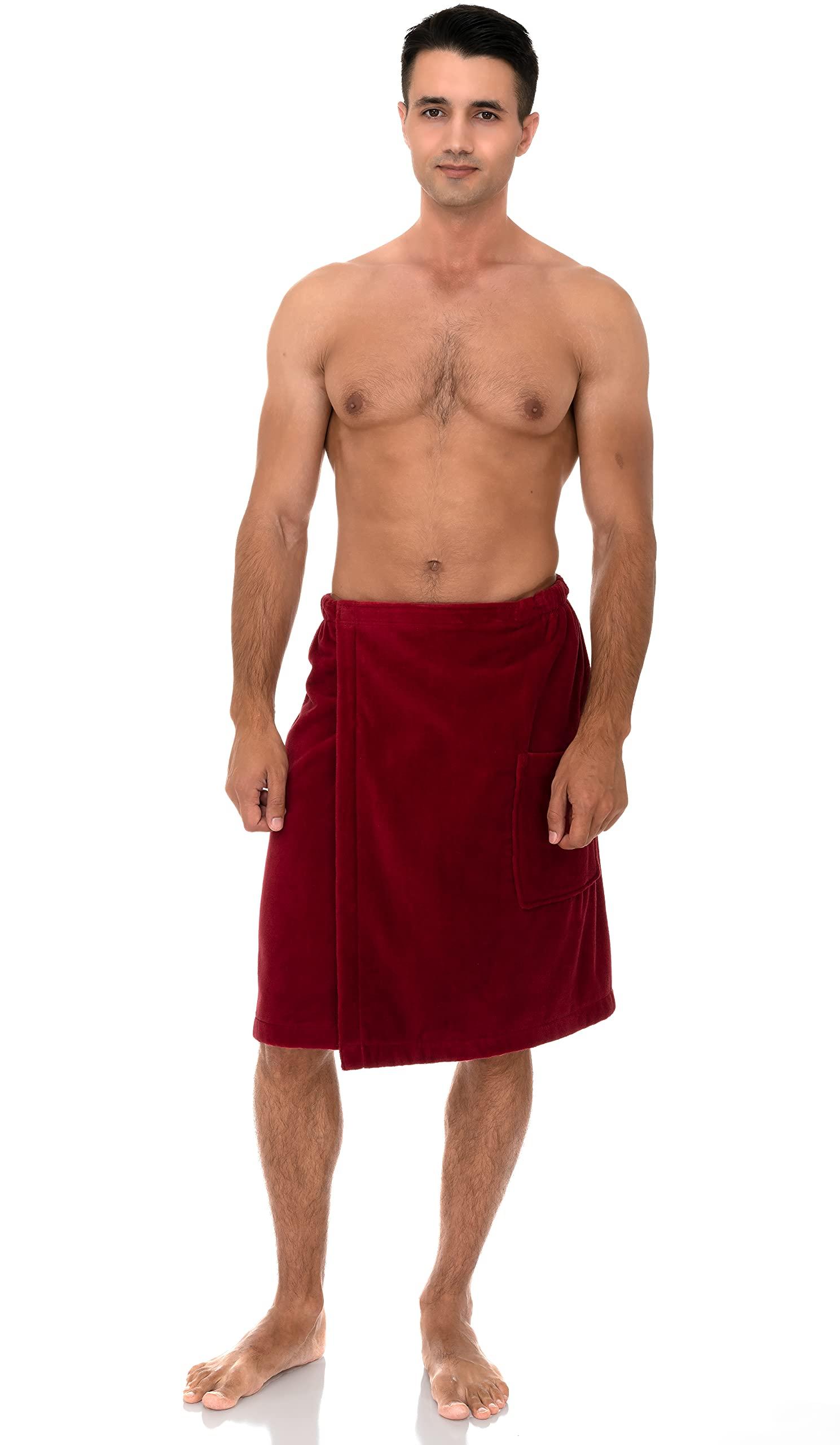 TowelSelections TowelSelections Mens Shower Wrap Adjustable Cotton Terry Velour Wrap Gym Body Cover Up Medium/Large Deep Claret