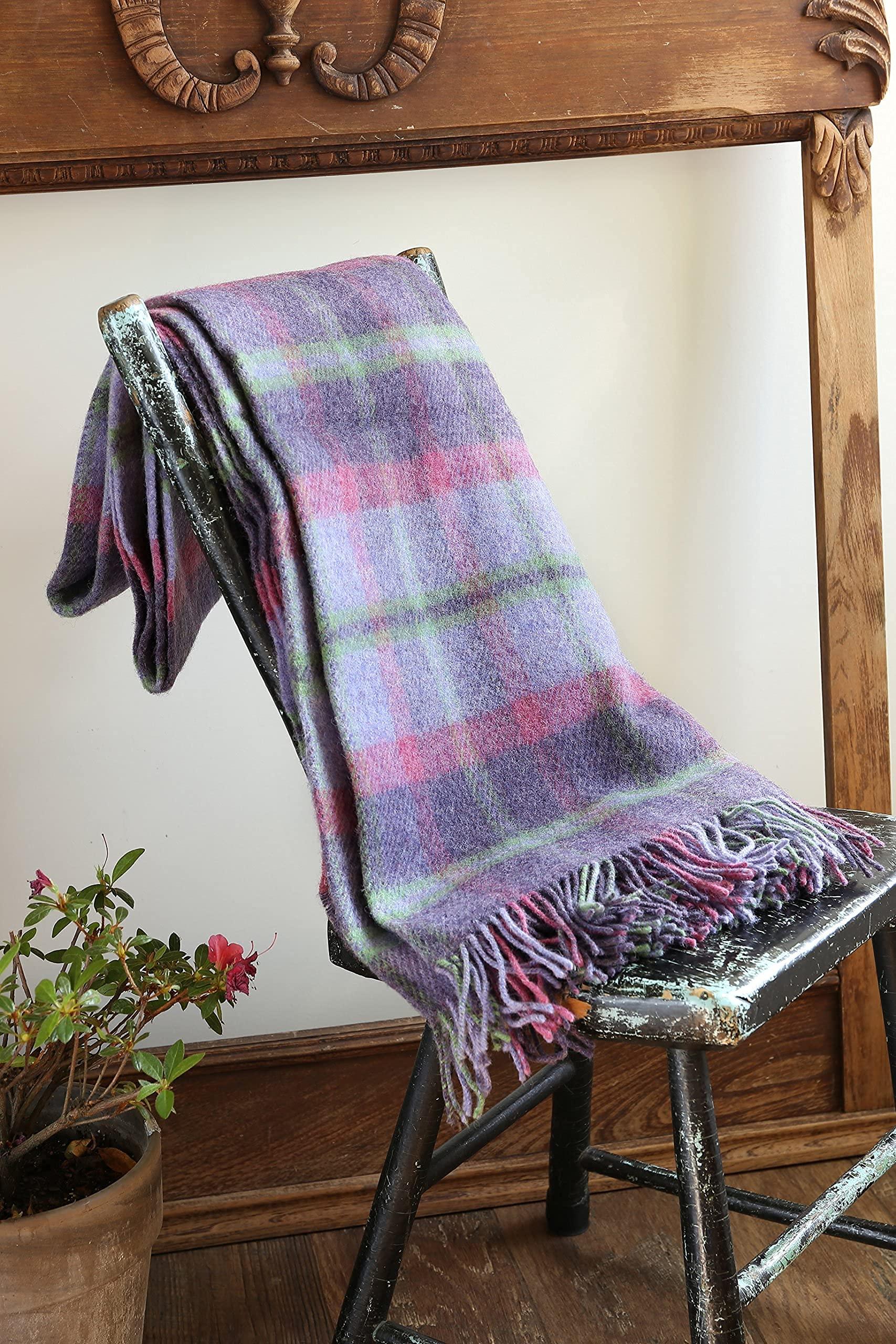 Biddy Murphy Genuine Irish, 100% Wool Throw & Toss Blanket, Traditional Plaid Print, Soft Warm Heirloom Quality Lambswool, Imported from Ireland, 54\" x 72\" Inches, Purple