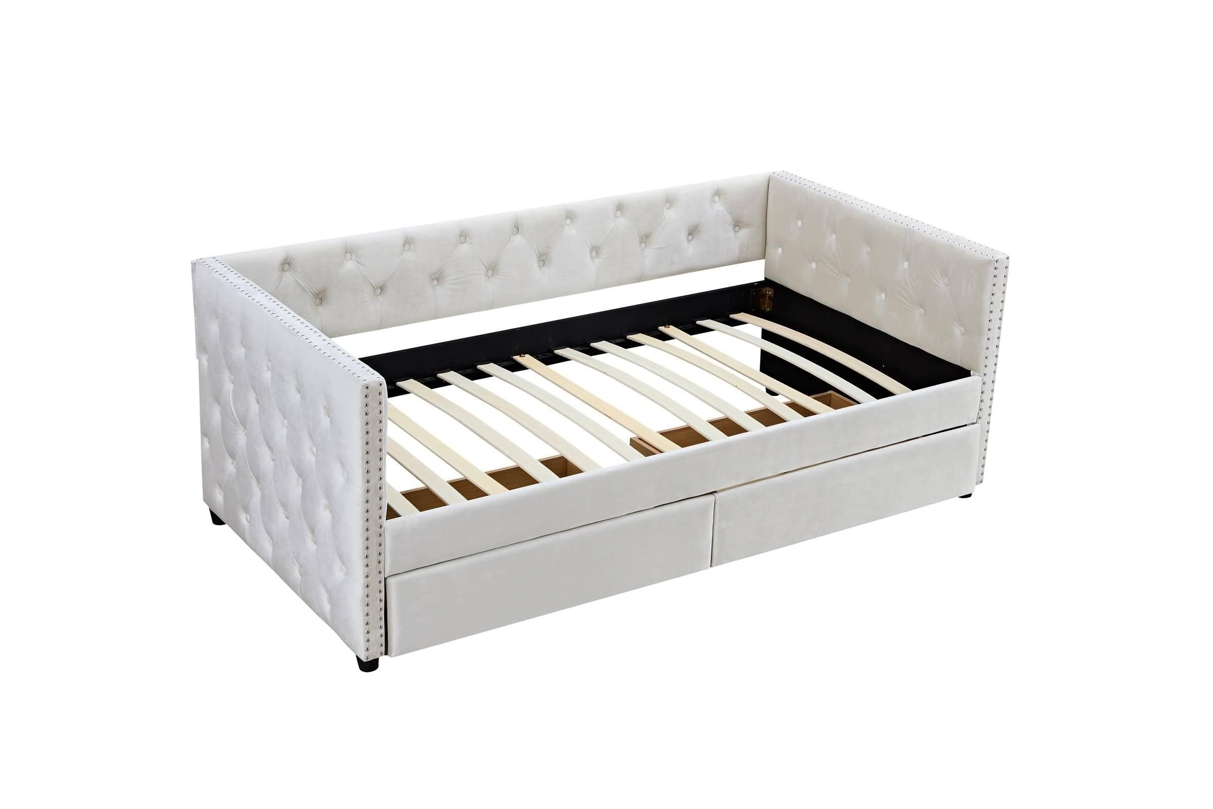 Musihy Platform Bed Twin | Daybed with Drawers, Modern Velvet Upholstered Twin Size Day Bed Button-Tufted Sofa Daybed Frame with Double Drawers, Furniture for Bedroom Living Guest Room, Beige, Twin