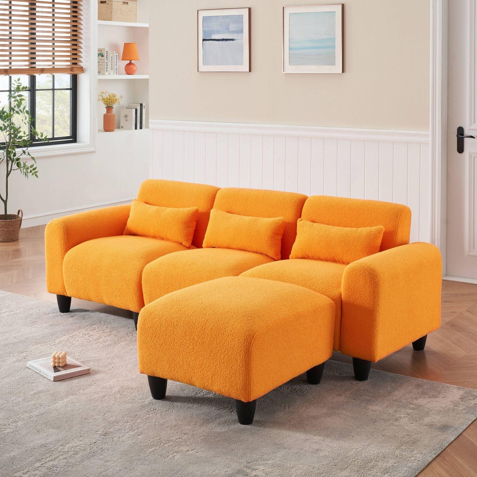 KEVINSPACE KEVINSPACE 84.6" Convertible Sectional Sofa Couch 3-Seat Couch with Convertible Ottoman 3 Pillows Teddy Fabric L-Shape Sofa Indoor Furniture Small Couch for Living Room Apartment Office Orange