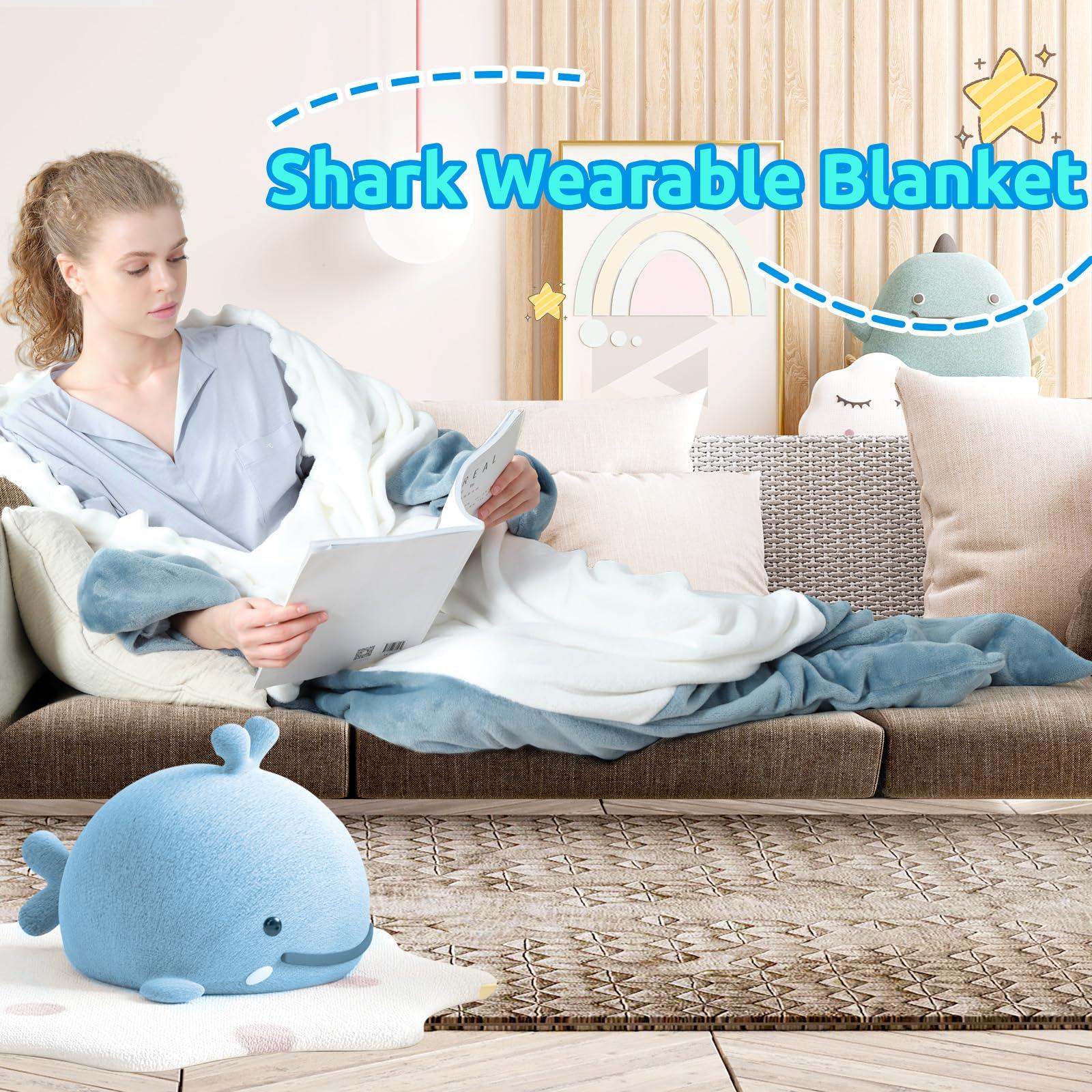 Touchat Touchat Shark Blanket Hoodie Onesie, Wearable Blanket Hoodie Adult, Warm Flannel Throw Blanket Shark Tail Sleeping Bag, Cartoon Costume Shark Onesie Funny Gifts for Adults (Blue, XL)