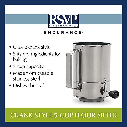 RSVP International RSVP International Endurance® Stainless Steel Crank Style Flour Sifter, 5 Cup | Sift Flour & Dry Ingredients for Baking | Manual Crank | Dishwasher Safe,Silver