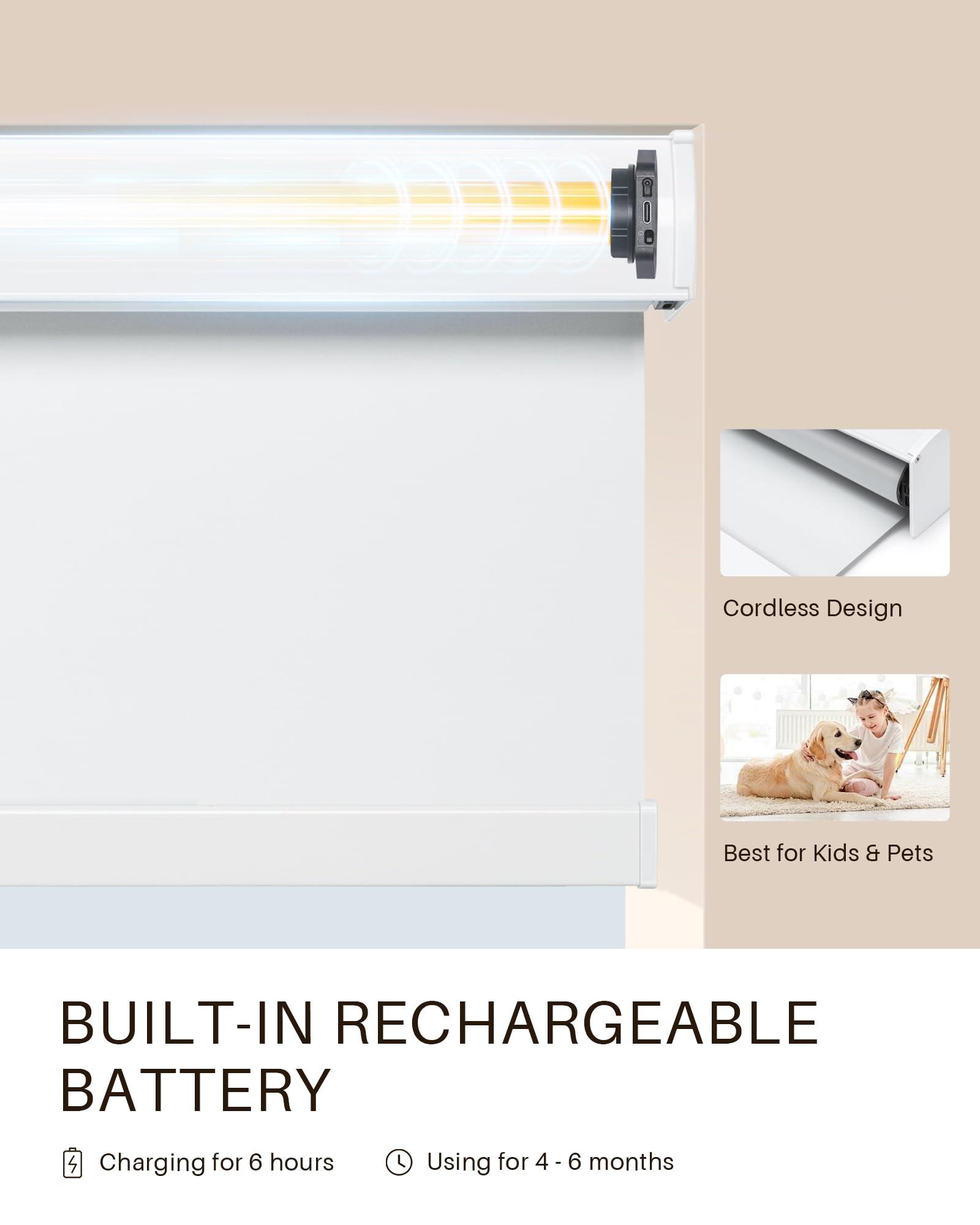 JaeJaes JaeJaes Motorized Roller Shades, Automatic Blackout Shades, Compatible with Alexa and Google Home, Cordless Automatic Window Shades, White, 20" W x 72" H