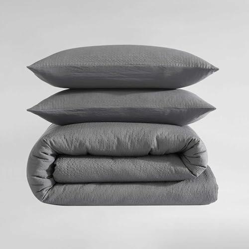 Calvin Klein Calvin Klein - King Duvet Cover Set, Super Soft Textured Bedding with Matching Shams, Reversible Home Decor, Oeko-Tex Certified (Seersucker Dark Grey, King)
