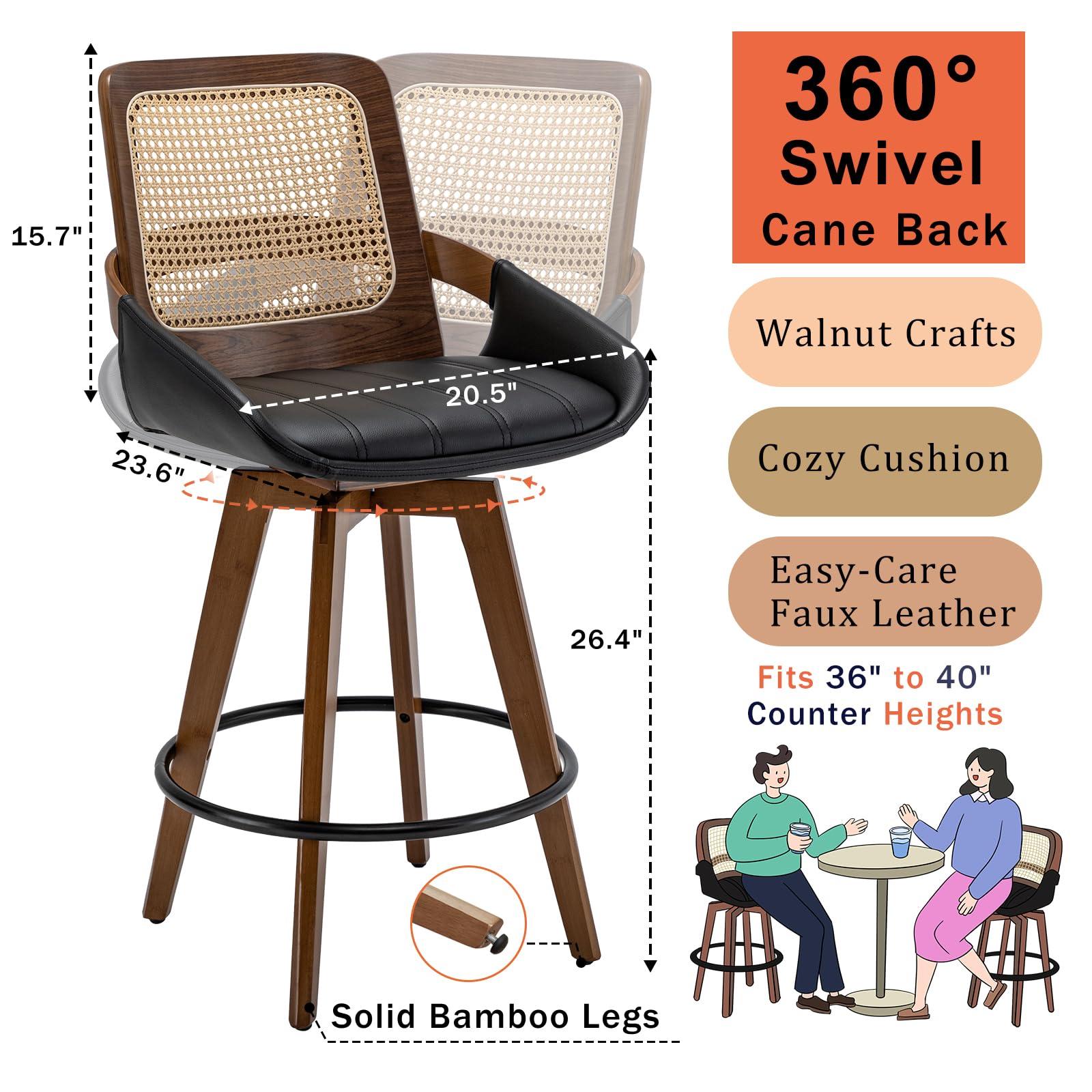 KUNZENT Set of 2 Swivel Rattan Counter Stools - 26.4 inch Mid Century Modern Bar Stools with Cane Back, Upholstered Seat, Curved Arms, Faux Leather Bar Stools for Kitchen/Island/Counter (Walnut Black)