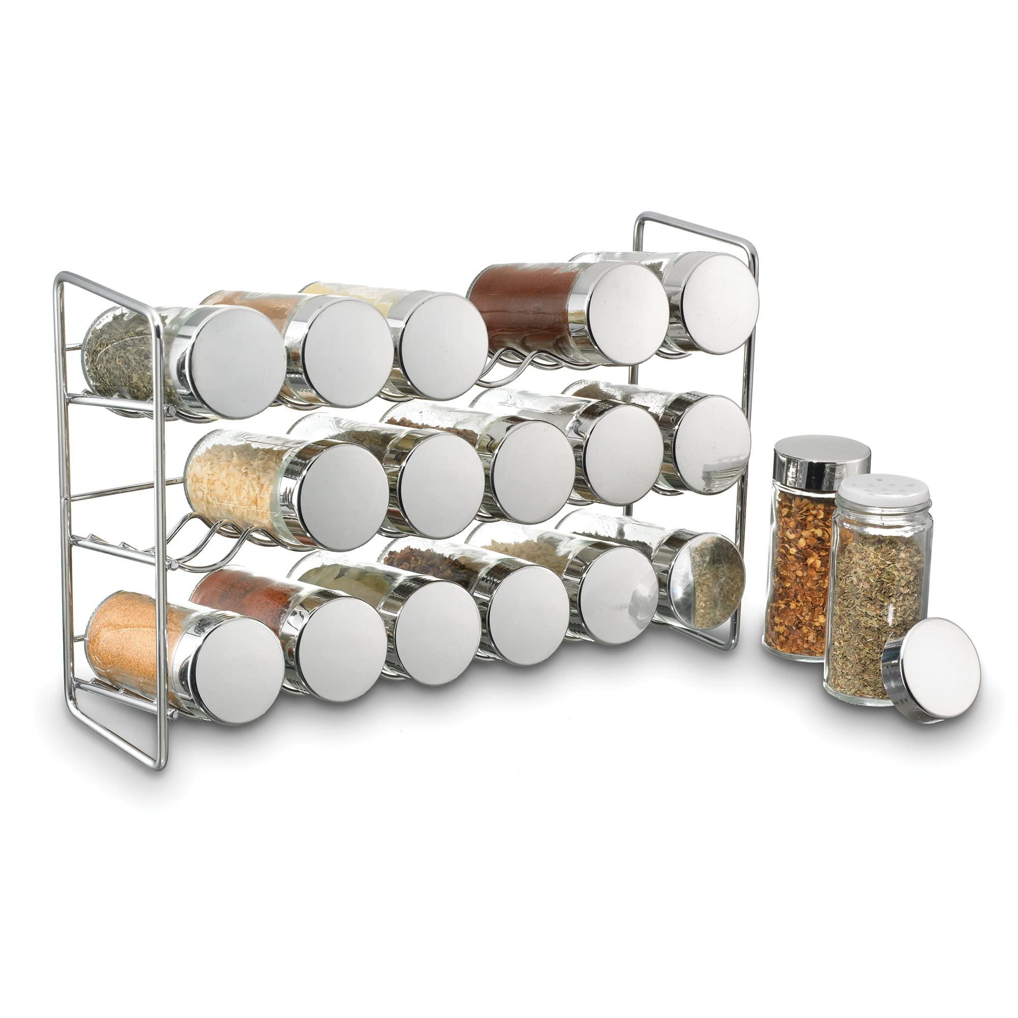 Polder Polder Chrome 18-Jar Compact Spice Rack, 18-5 ounce Glass Jar has Perforated Shaker Caps, Chrome Plated Lids, Sleek Enough for Countertop, Compact for Cabinet Storage