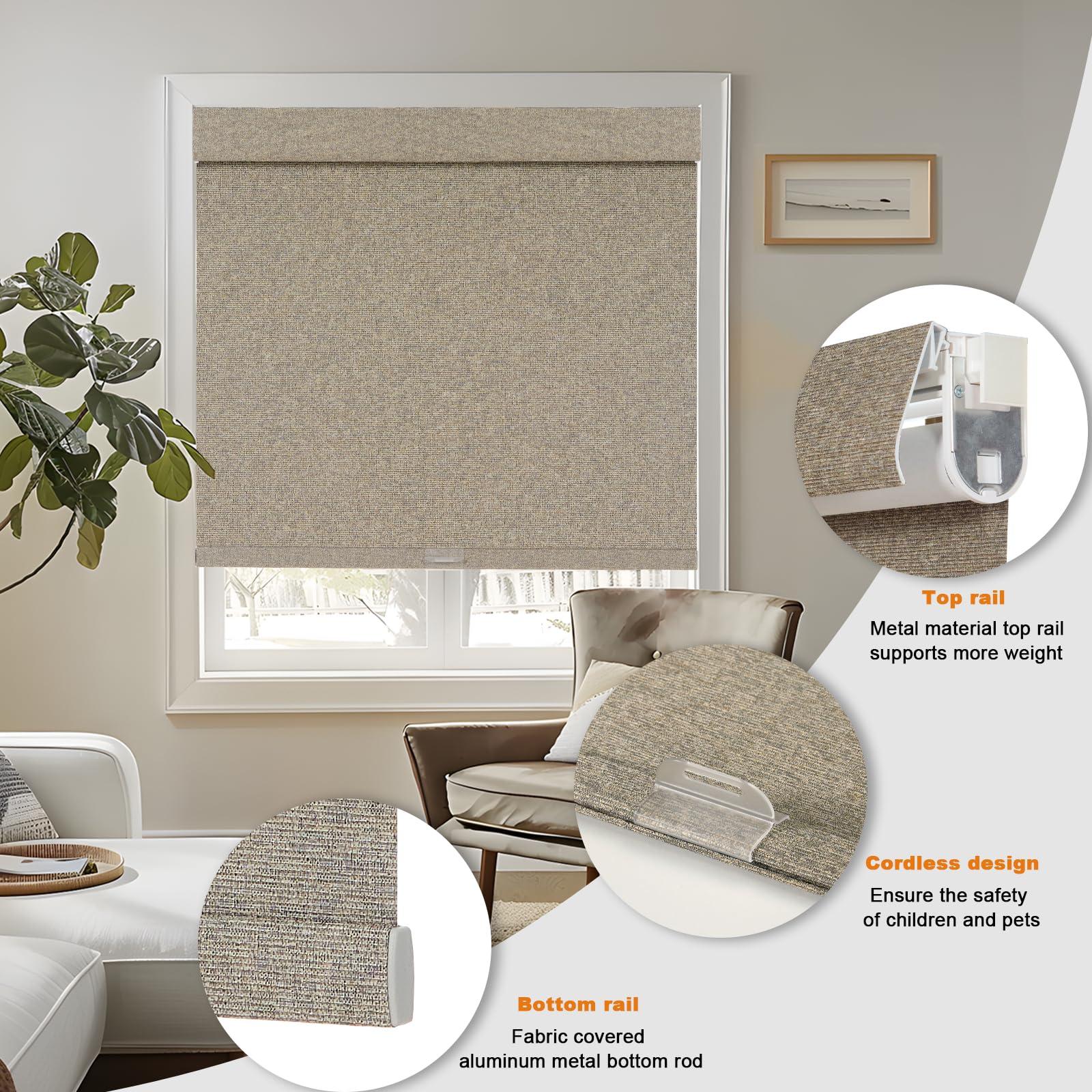 Persilux Persilux No Drill No Tools Blackout Roller Shades for Windows,Linen Fabric Cordless Roller Blinds,UV Protection Custom Blinds for Home,Bedroom,Living Room,Khaki-Blackout,80" W X 48" H