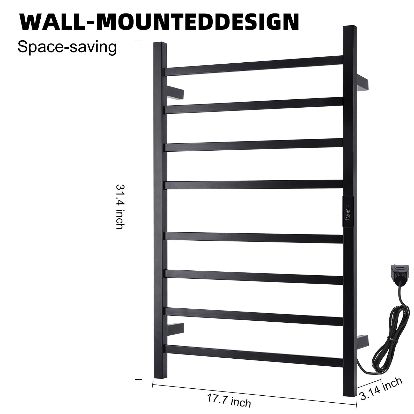 Nopwer Towel Warmer Heated Towel Bar-Rack - Nopwer Bathroom Wall Mounted Electric Towel Drying Plug-in Matte Black 8 Bars