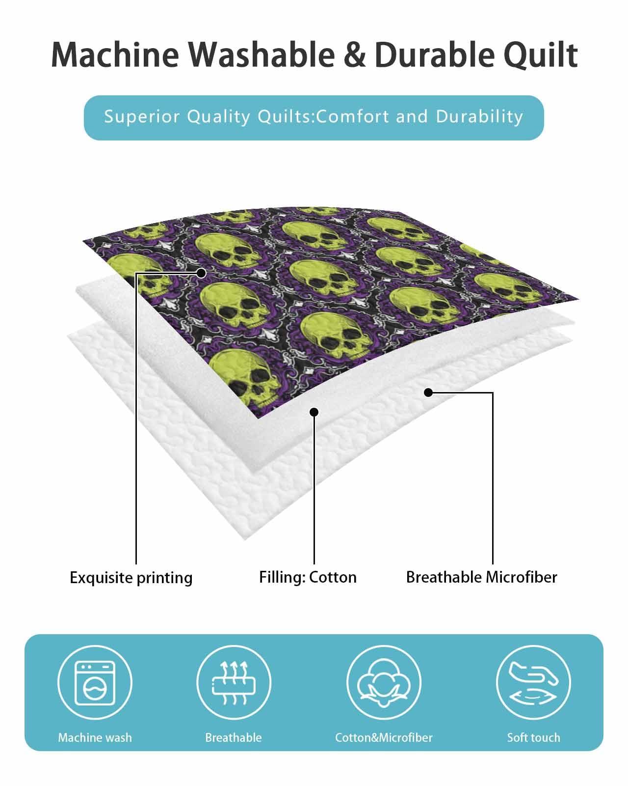 LEOKOTI LEOKOTI Twin Quilt Sets with 2 Pillow Shams, Halloween Skeleton Lightweight Summer Quilts Twin Size, Teal Skull Purple Geometric Bedspreads Coverlet Bedding Set 3 Pieces for All Seasons