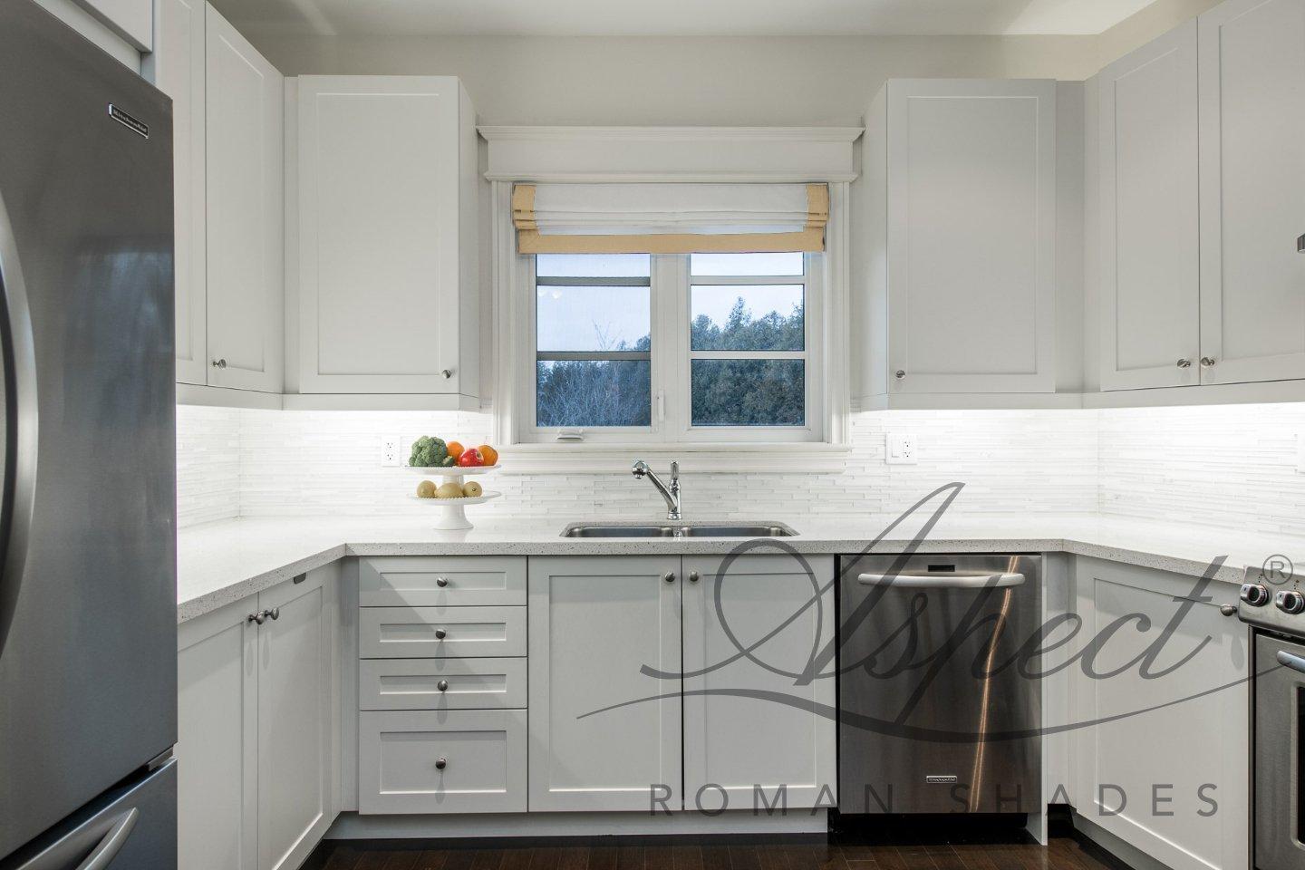 LOGANOVA Shades LOGANOVA Flat Roman Shade Chevalle Maize. White background with cream yellow border on three sides and chain mechanism. Custom made.