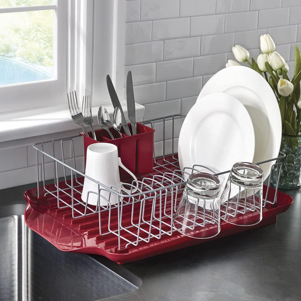 Farberware Farberware Classic Large Rust Resistant Full Dishrack with Removable 3 Compartment Flatware Caddy, Andlged Drain Board, 3-Piece, Red