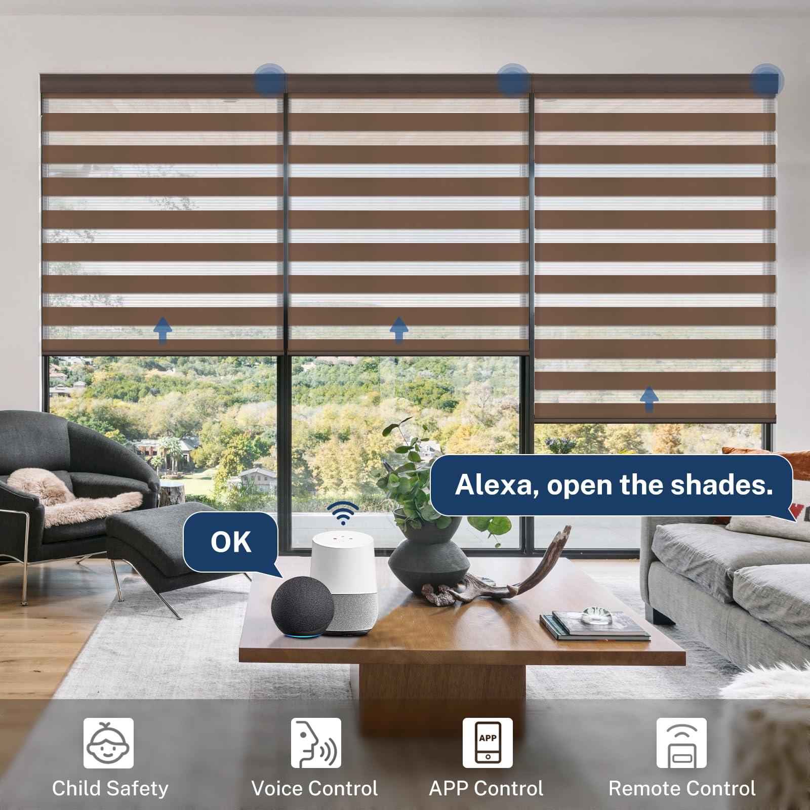 Keego Keego Remote Control Window Blinds Alexa Automatic Shades Smart Motorized Zebra Blackout Blinds Custom Size for Living Room, Home and Kitchen(Light-Filtering,Brown,Custom Size)