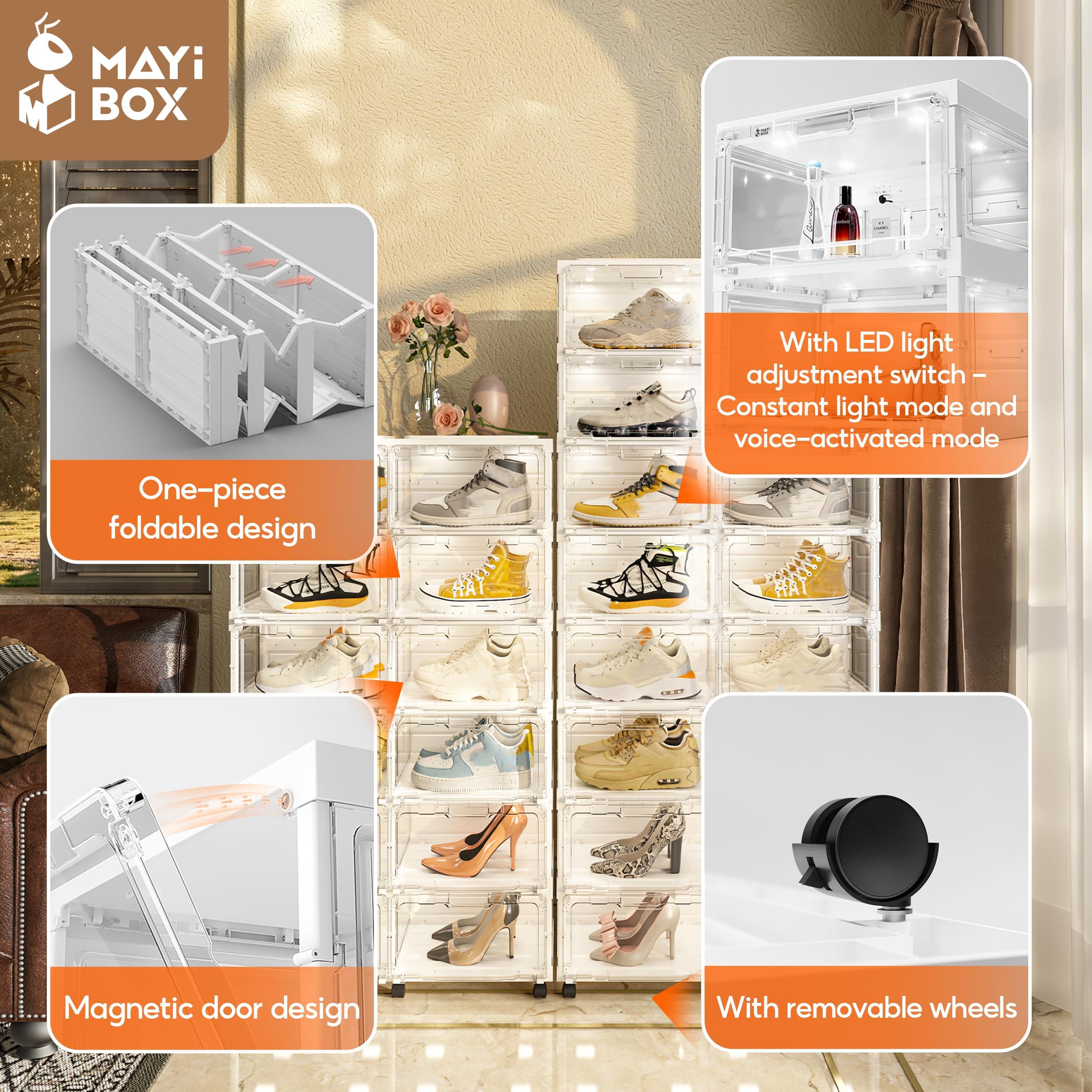 HGFSGGGREEHY Led Shoe Box Light,Foldable Stackable Sneaker Display Storage with Clear Side Open Door Organizer,Shoe Rack Organizer Cabinet,Voice Control 2 Rows 8 Layers (Transparently 1 Rows 6 Layers)