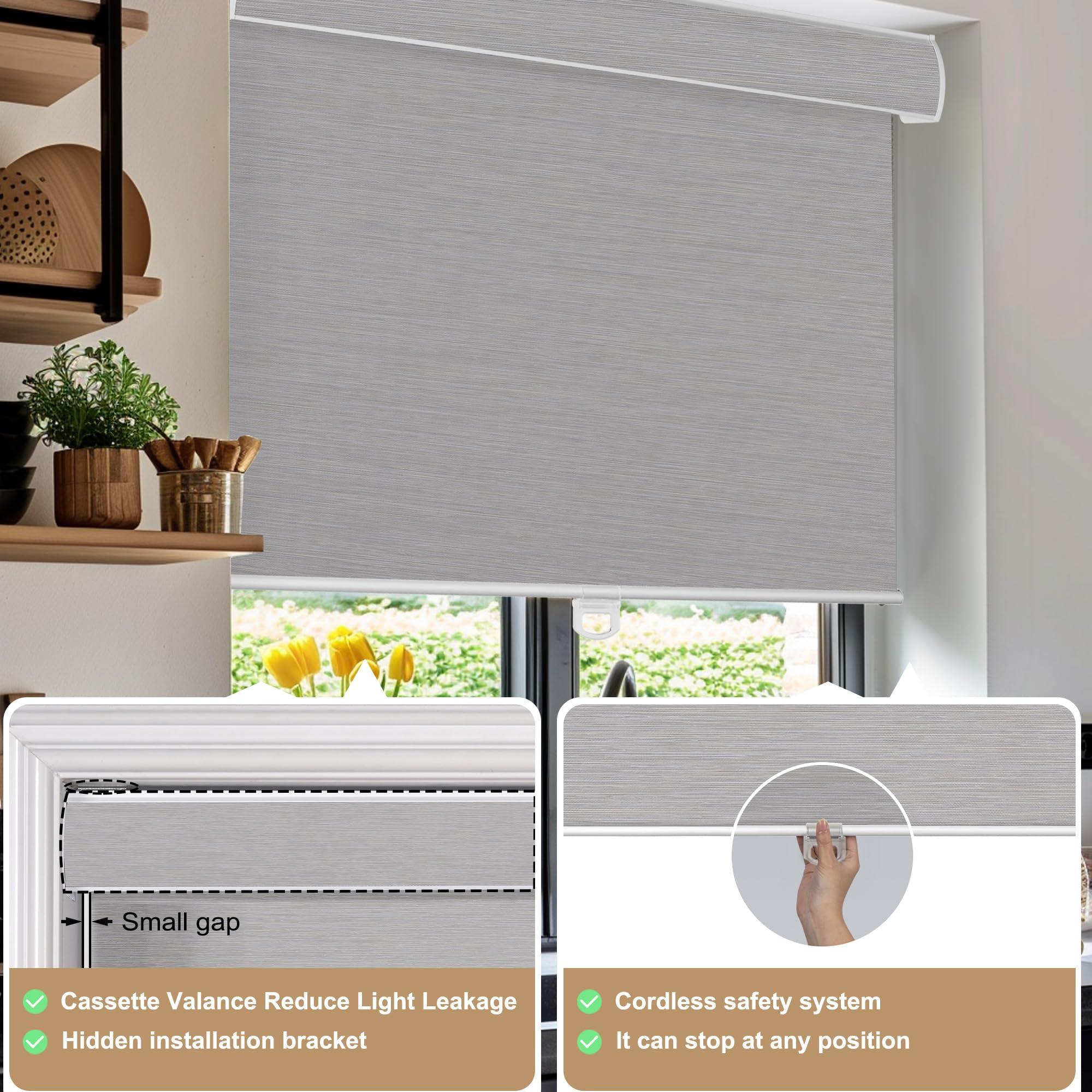 PQRSHADE PQRSHADE 100% Blackout Window Shades Pull Down for Indoor, Custom Room Darkening Striped Jacquard Fabric Roller Window up and Down Blinds with Thermal Insulated Easy to Install(88" W x 96" H) S-Gray