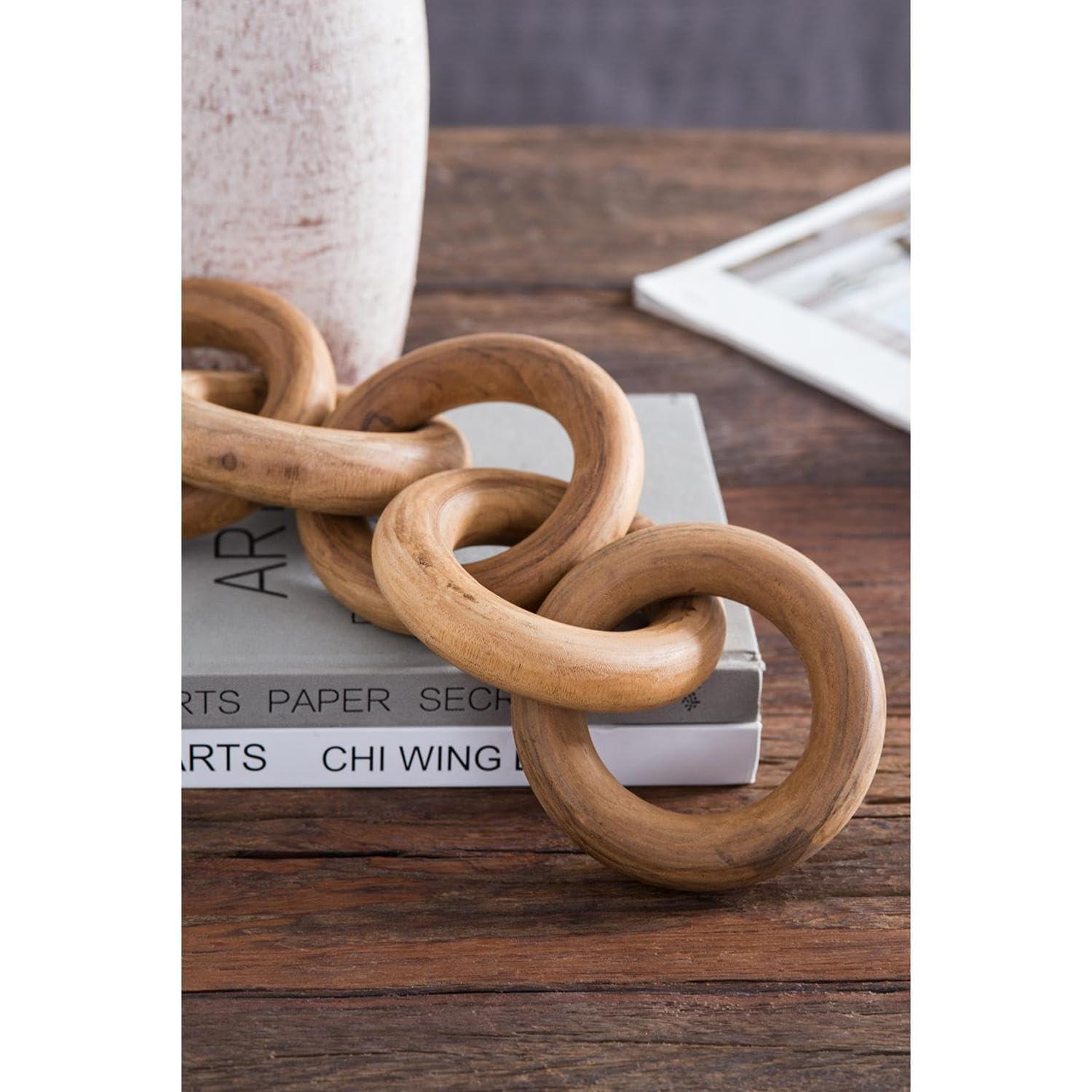 T2 CONCEPT T2 CONCEPT 100% Teak Wood Decorative 5 Link Chain Sculpture, Natural Brown, Modern Minimalist, 19.5 x 4.5, Round Circle Design, for All Styles, Mantel, Coffee Table, Bookshelf, Home and Office