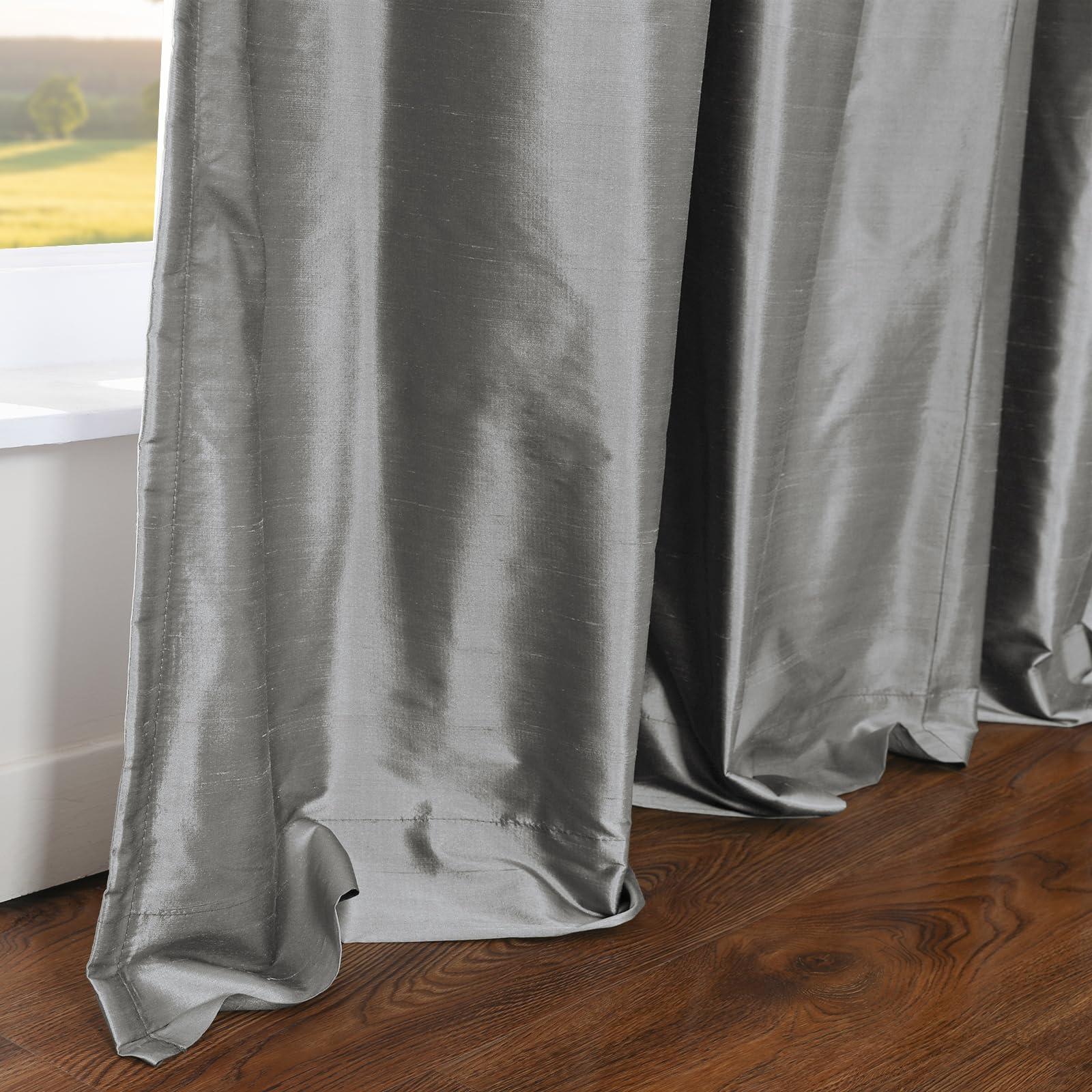 TWOPAGES TWOPAGES 100% Dupioni Silk Window Curtain Panel for Living Room 84 Inches Long Pinch Pleated Drape for Bedroom, 1 Panel, 52W x 84L Inch, Silver Gray