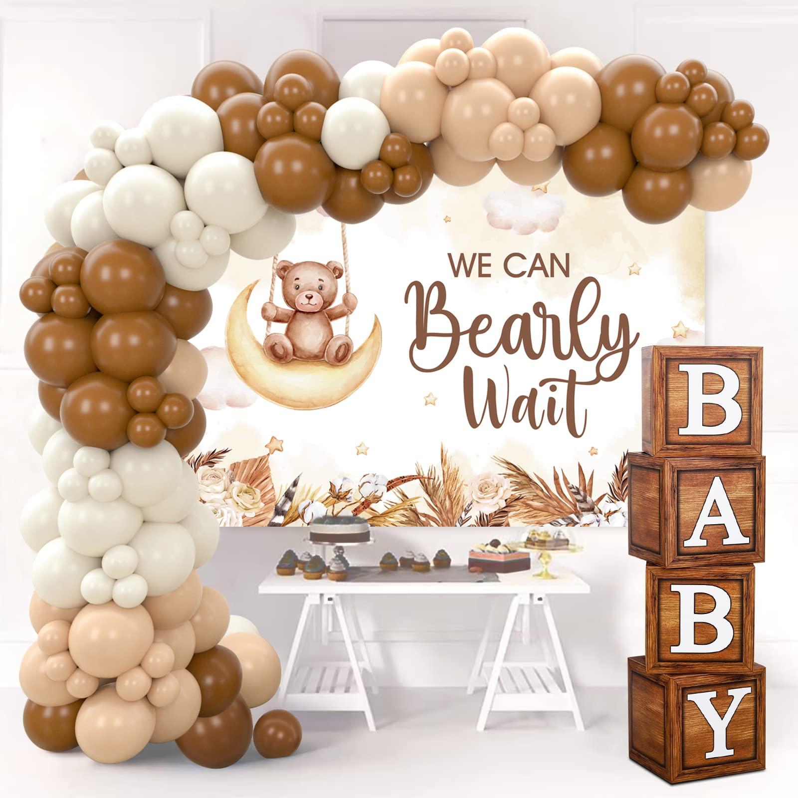 DataMoon DataMoon Teddy Bear Baby Shower Party Decorations - Wood Grain Boxes with Baby Letters, 90PCS Nude and Brown Balloons, Boho Backdrop We Can Bearly Wait for Baby Shower, Gender Reveal,Birthday Party
