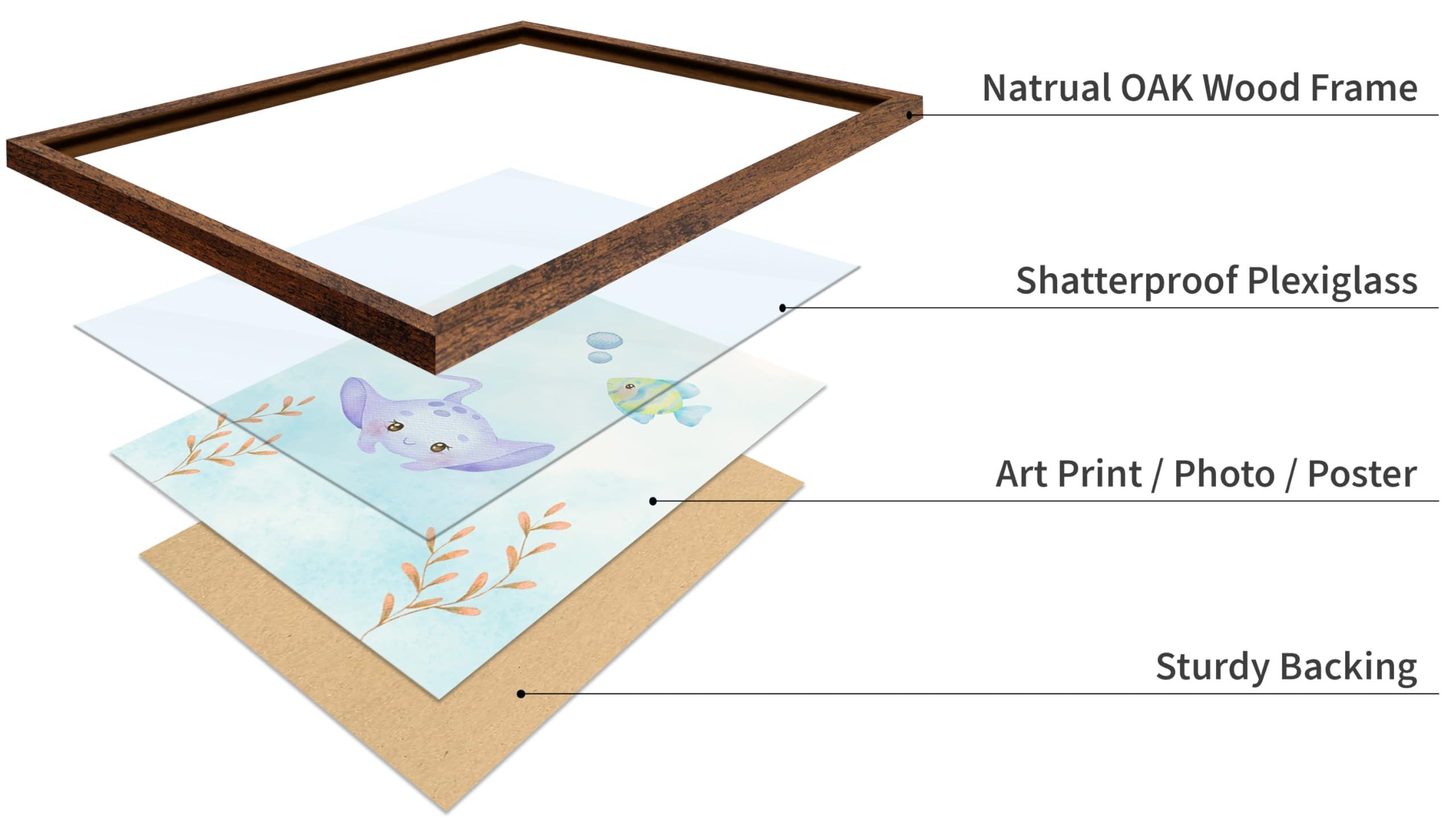 Poster Master Poster Master 6-Piece Sea Animals Poster - Aquatic Print - Pastel Color Art - Marine Life Art - Gift for Boys, Girls & Parents - Decor for Playroom, Kid\'s Room or Nursery, 8x10 Brown Framed