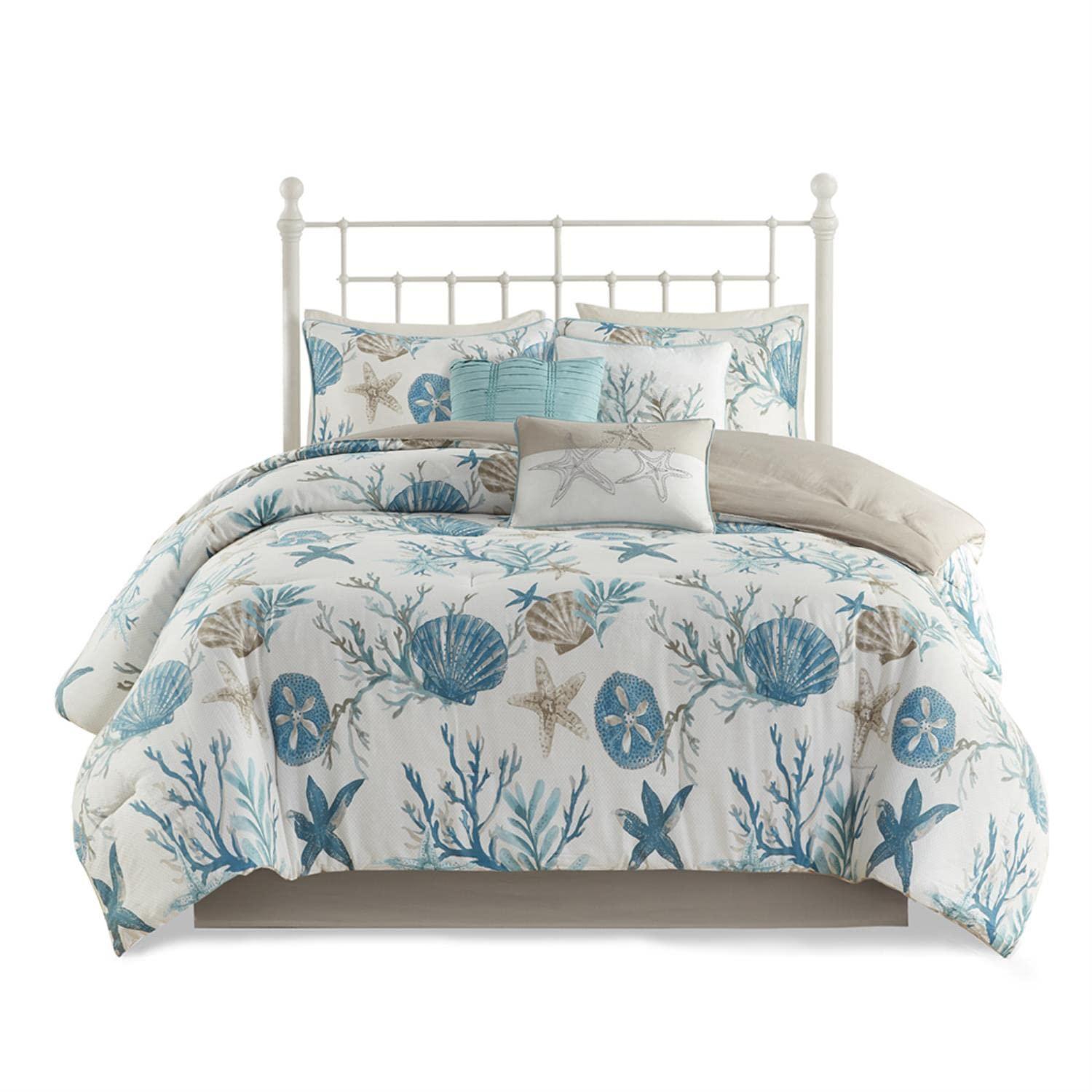 Madison Park Madison Park Pebble Beach 100% Cotton Comforter Set - Coastal Coral, Starfish Design All Season Down Alternative Cozy Bedding with Matching Shams, Decorative Pillow, Queen(90\"x90\") Aqua 7 Piece