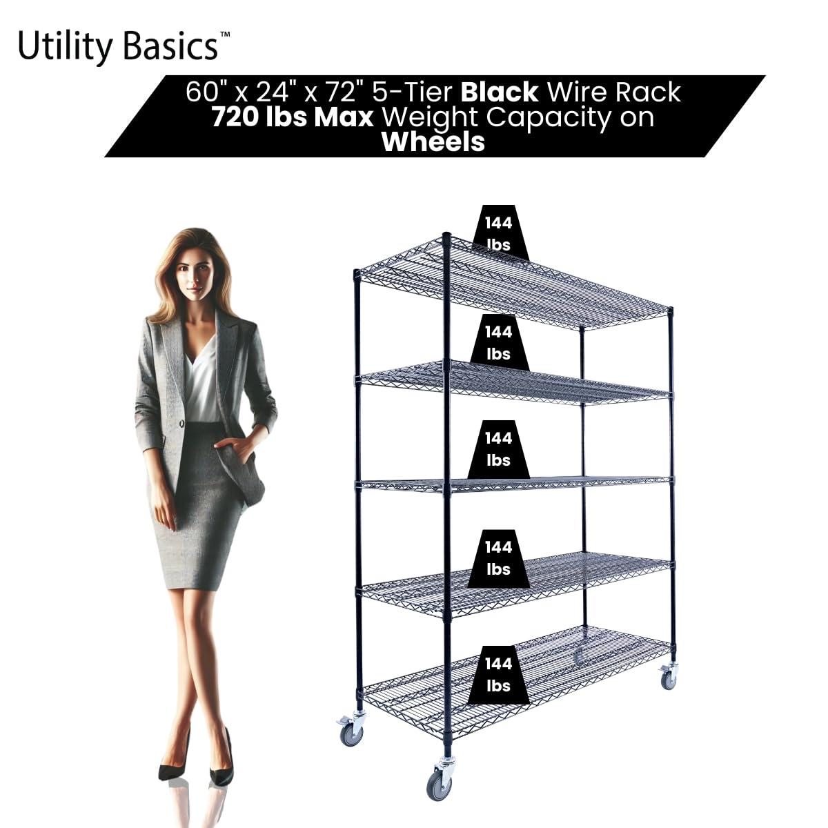 Utility Basics Utility Basics 60"x24"x72" Black 5-Tier Premium Metal Wire Shelving NSF 4000 LBS MAX Capacity Heavy Duty Steel Storage Rack for Warehouse, Garage, Hospital, Commercial Space & School w/Premium Wheels