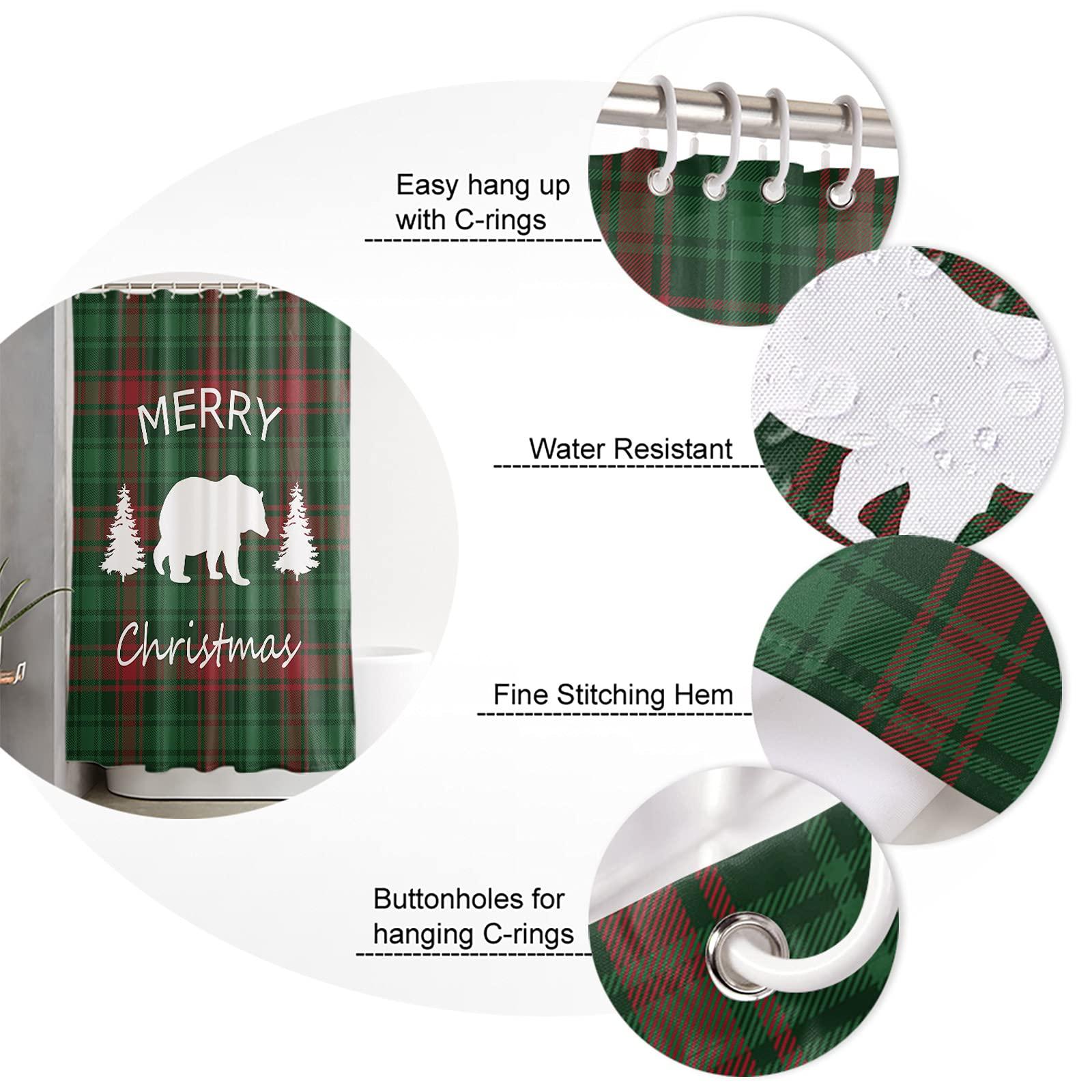 Prime Leader Christmas Shower Curtain for Bathroom Merry Christmas Bear and Tree Red Green Buffalo Plaid Waterproof Shower Curtain Set with 12 Hooks Washable Shower Curtains for Bathtubs Hotel 36\" x 72\"