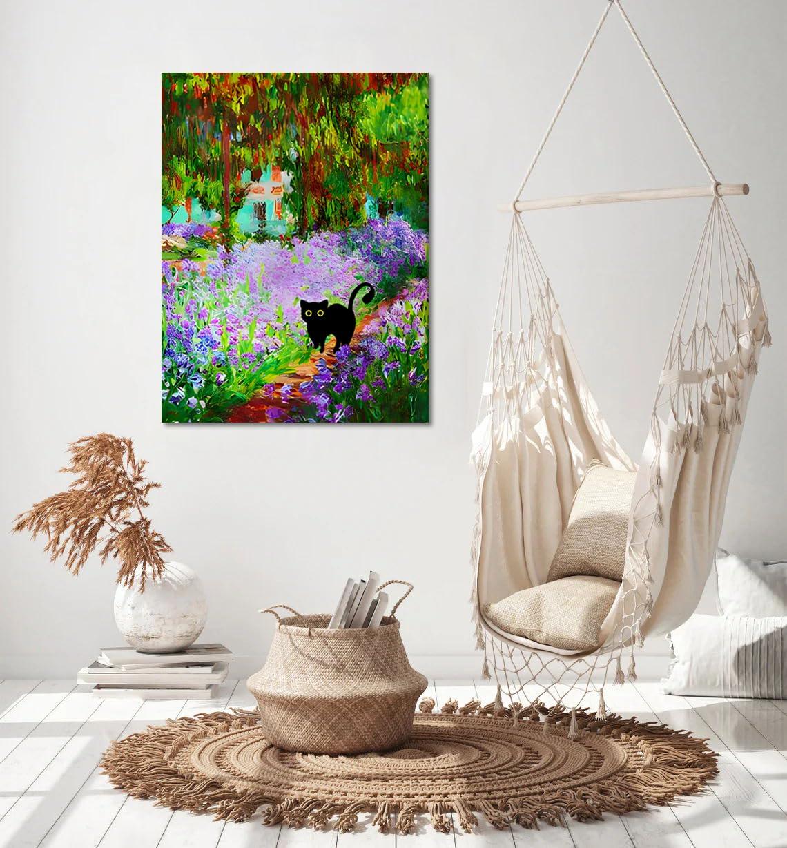 FOSULA Monet Cat Wall Art - Claude Monet Cat Wall Art Prints - Cat Monet Art - Monet Irises Garden Cat Canvas Print - Claude Monet Cat Poster - Monet Irises Garden Cat Wall Decor - Framed Ready to Hang