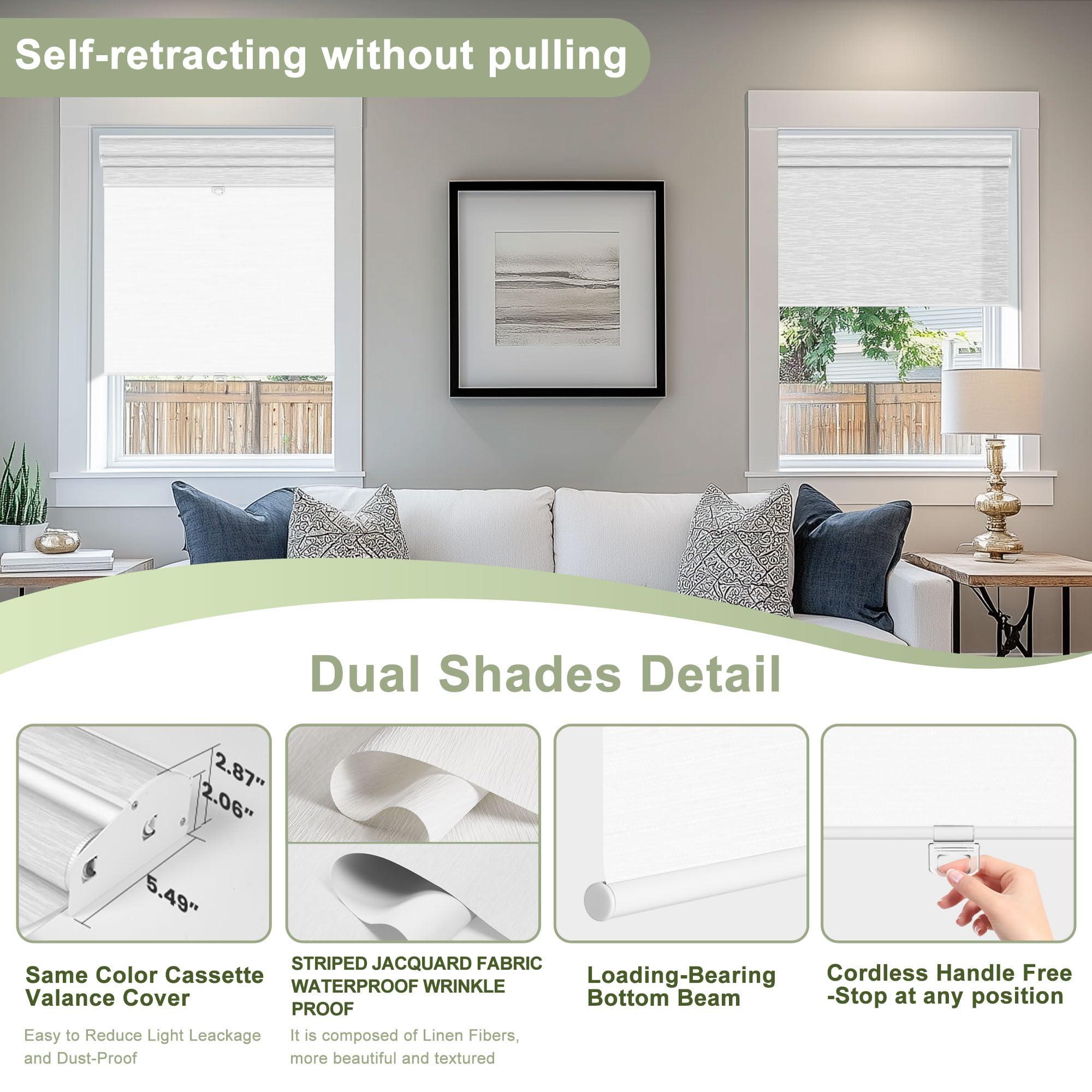 Doing-X DOING-X Dual Blinds Roller Shades for Window with Cassette Valance Thermal Insulation Cordless Blackout & Light Filtering Double Roller Blinds for Home Bedroom Office,70" W x 80" H,Jacquard White