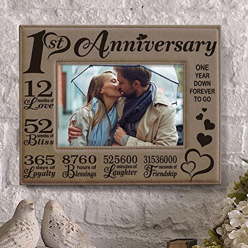 KATE POSH KATE POSH Our First (1st) Anniversary Engraved Leather Picture Frame - Gifts for Couple, Gifts for Him, Gift for Her, Paper Anniversary, Photo Frame, First Wedding Anniversary (4x6-Horizontal)