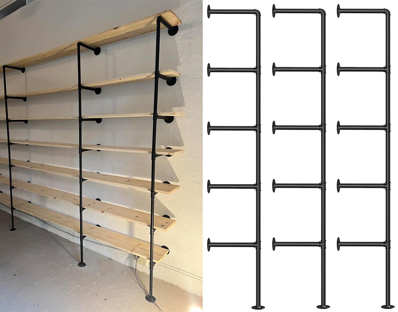 Kaler Industrial Iron Pipe Shelves, 3 Set 5-Tier, 68\" Tall, 12\" Depth, DIY Open Bookshelf Bookcase, Wall Mounted Vintage Retro Shelving, Rustic Farmhouse Pantry Kitchen Storage, Black Shelf Brackets
