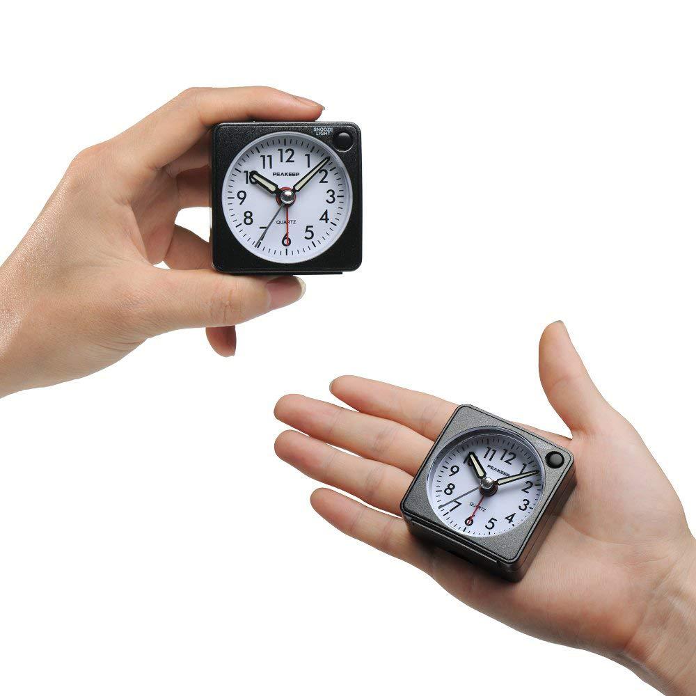 Peakeep Peakeep Ultra Small, Battery Travel Alarm Clock with Snooze and Light, Silent with No Ticking Analog Quartz (Black)